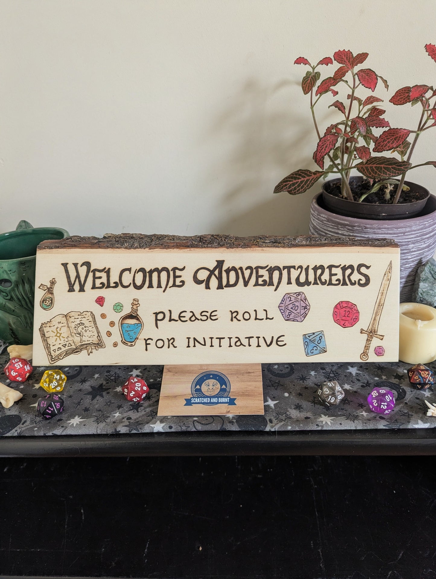 'Welcome Adventurers, Please Roll For Initiative', Pyrography, Watercolors on Wood, Desk/Wall Art