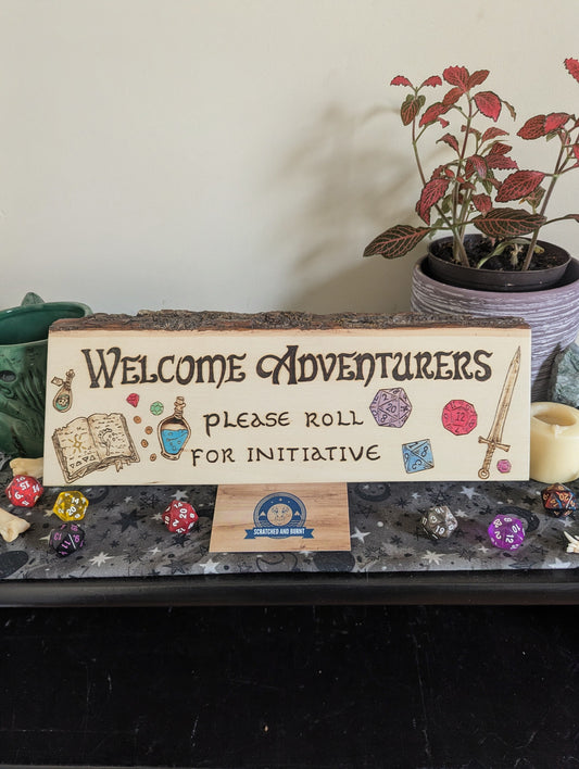 'Welcome Adventurers, Please Roll For Initiative', Pyrography, Watercolors on Wood, Desk/Wall Art
