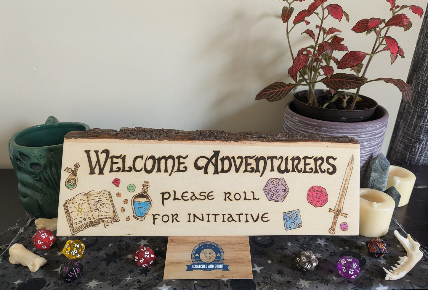 'Welcome Adventurers, Please Roll For Initiative', Pyrography, Watercolors on Wood, Desk/Wall Art
