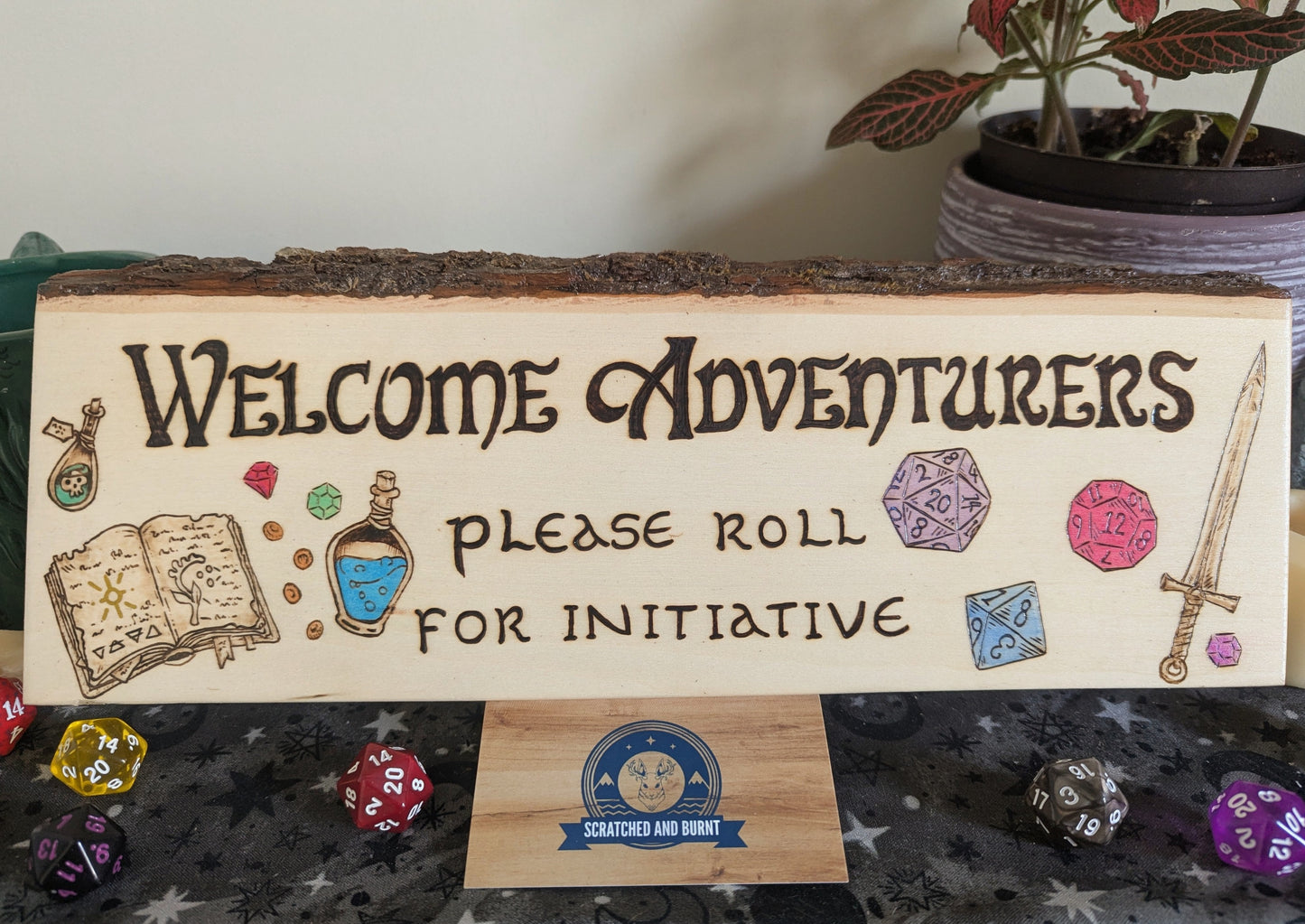 'Welcome Adventurers, Please Roll For Initiative', Pyrography, Watercolors on Wood, Desk/Wall Art
