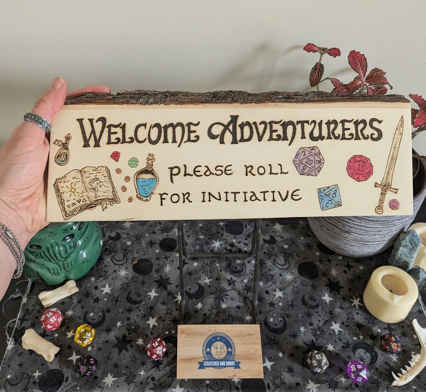 'Welcome Adventurers, Please Roll For Initiative', Pyrography, Watercolors on Wood, Desk/Wall Art