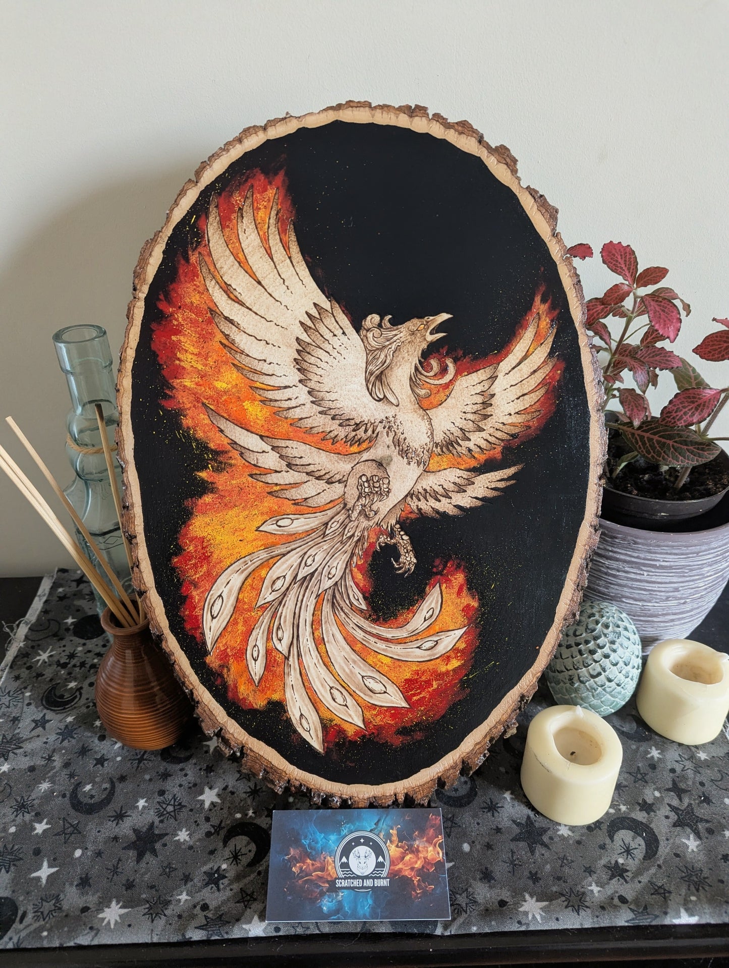 'Phoenix Rising' Pyrography with Acrylics, on Wood Desk/Wall Art, Large
