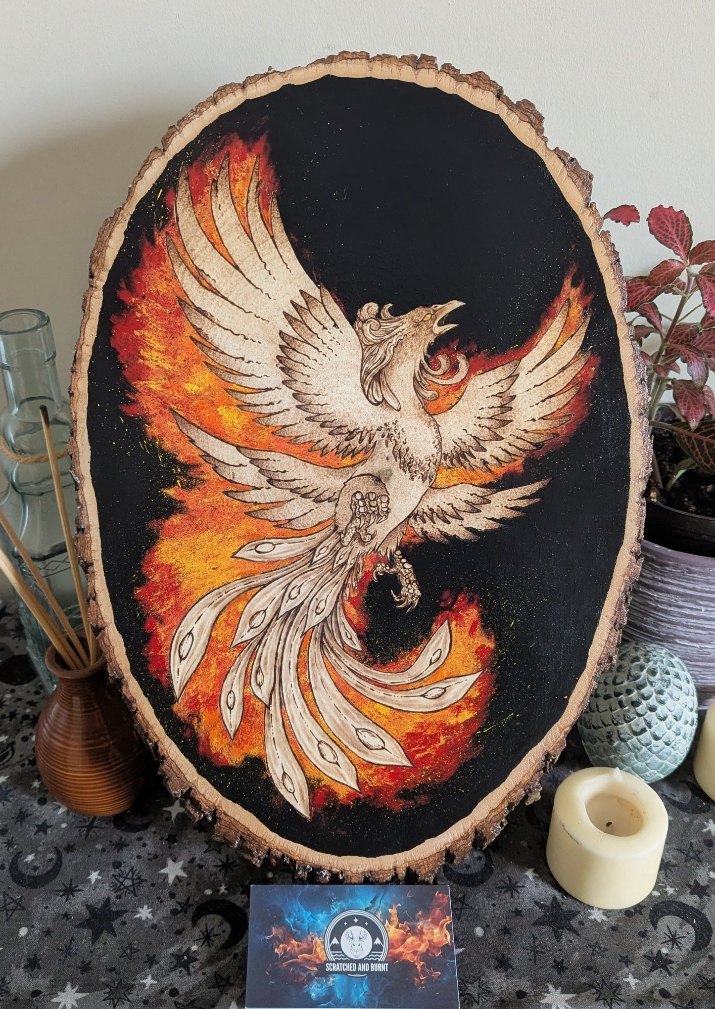 'Phoenix Rising' Pyrography with Acrylics, on Wood Desk/Wall Art, Large