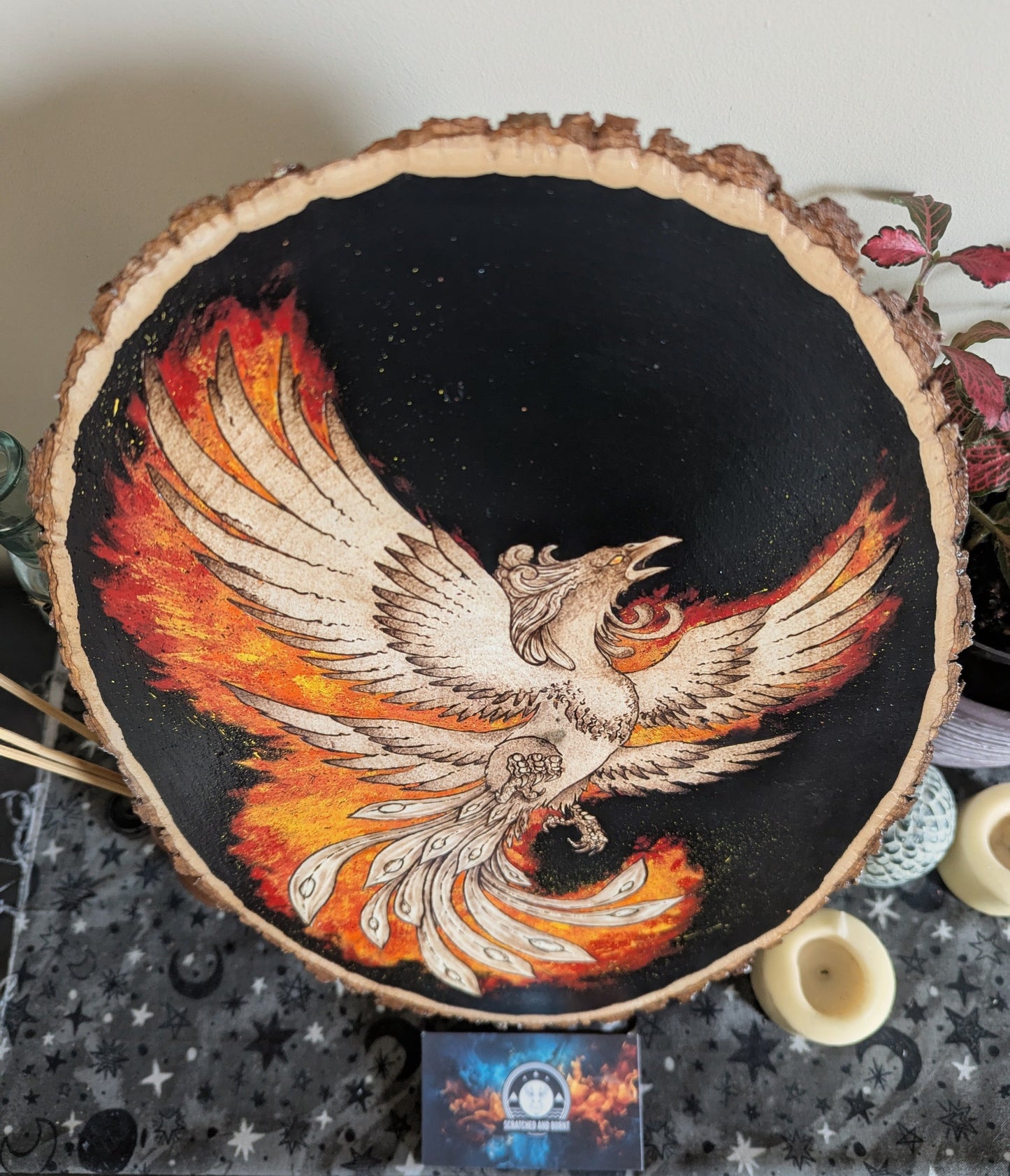 'Phoenix Rising' Pyrography with Acrylics, on Wood Desk/Wall Art, Large