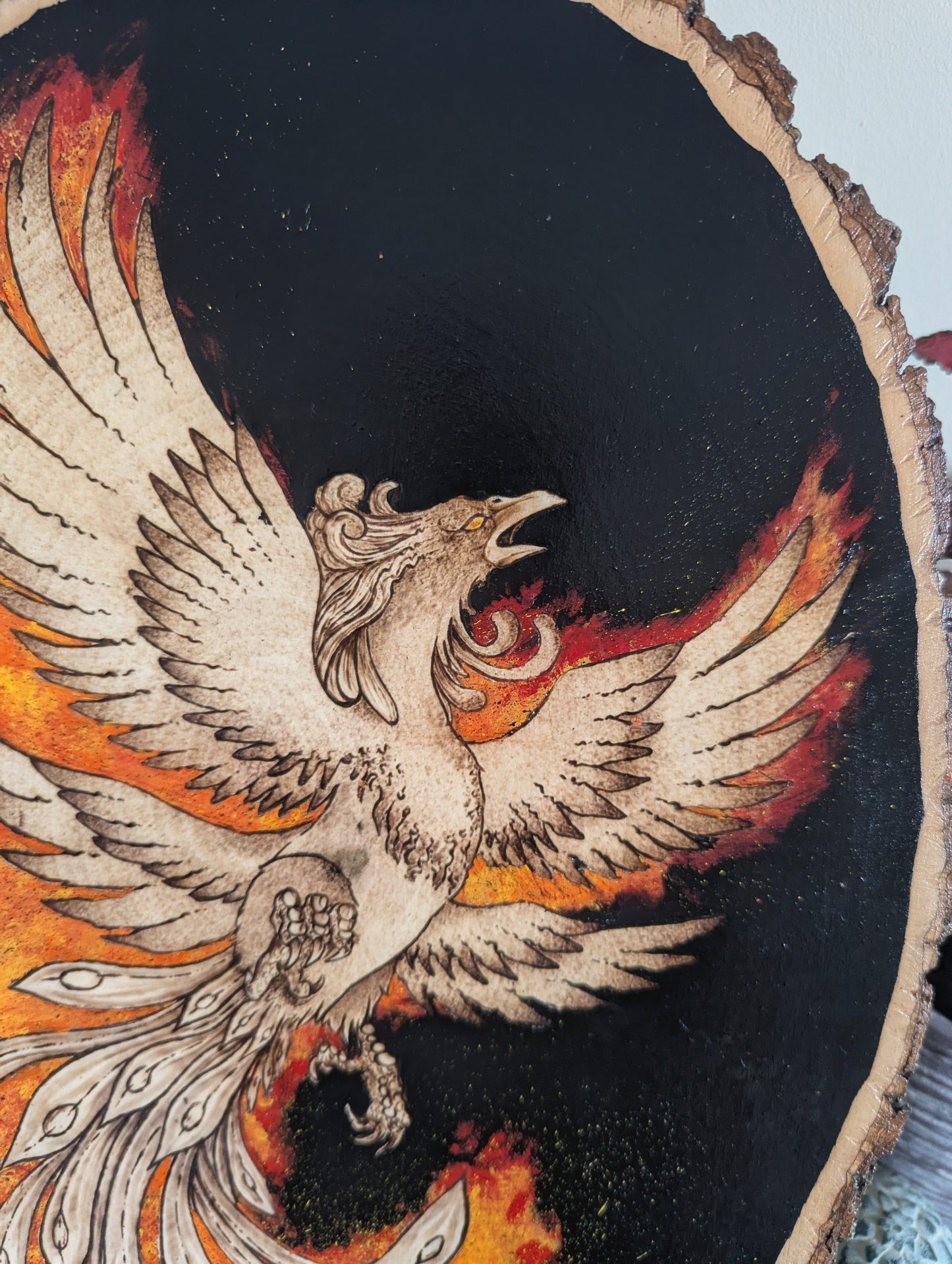'Phoenix Rising' Pyrography with Acrylics, on Wood Desk/Wall Art, Large