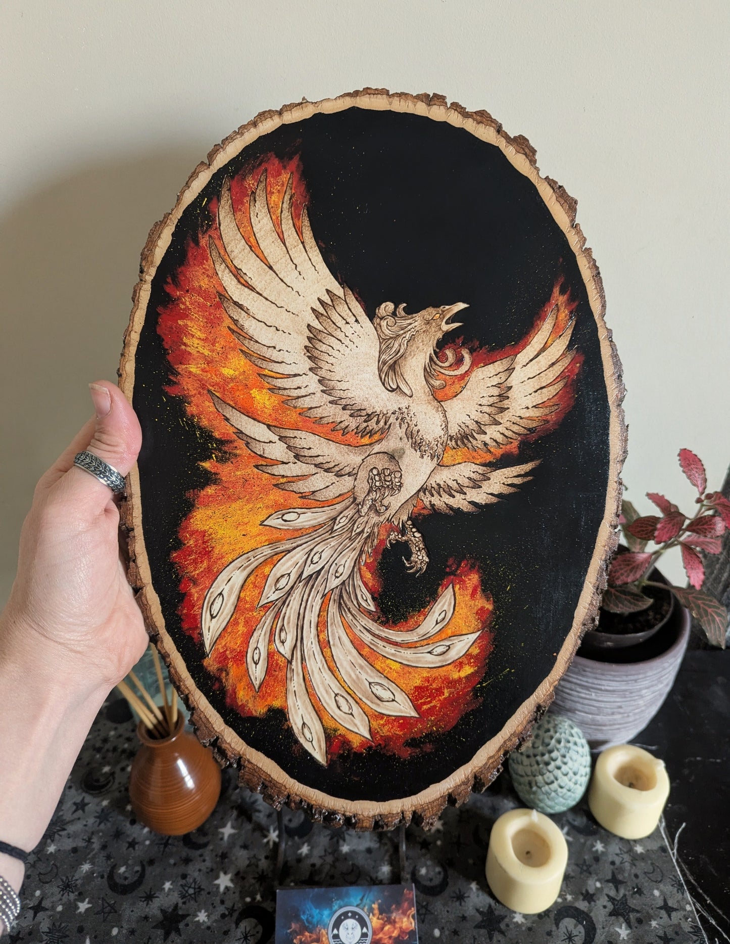 'Phoenix Rising' Pyrography with Acrylics, on Wood Desk/Wall Art, Large