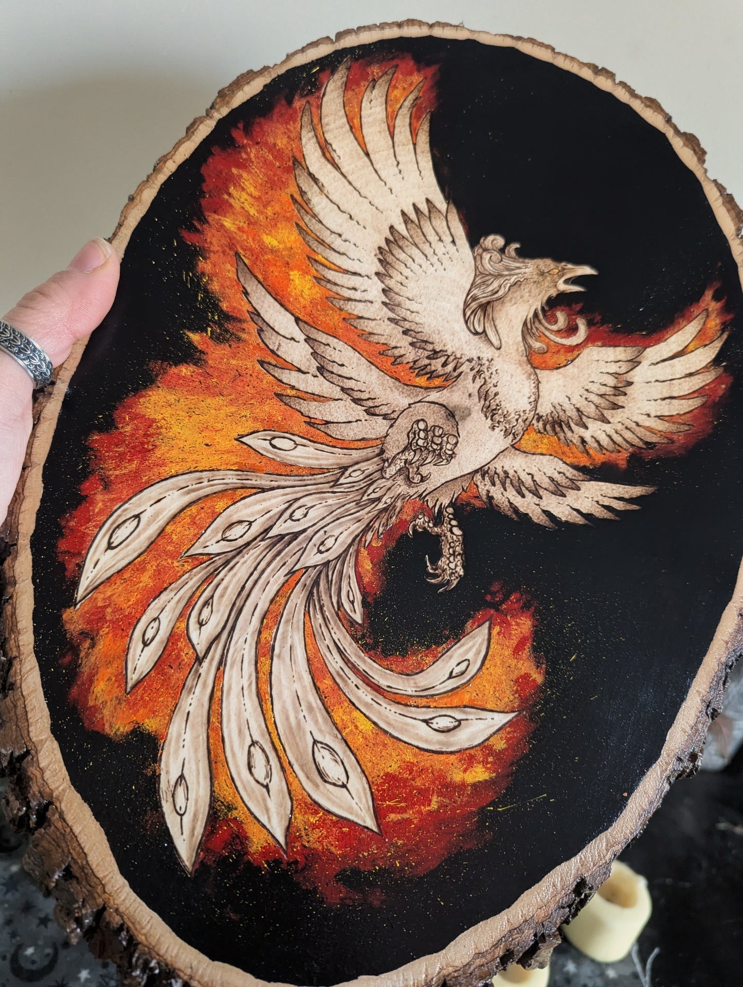 'Phoenix Rising' Pyrography with Acrylics, on Wood Desk/Wall Art, Large