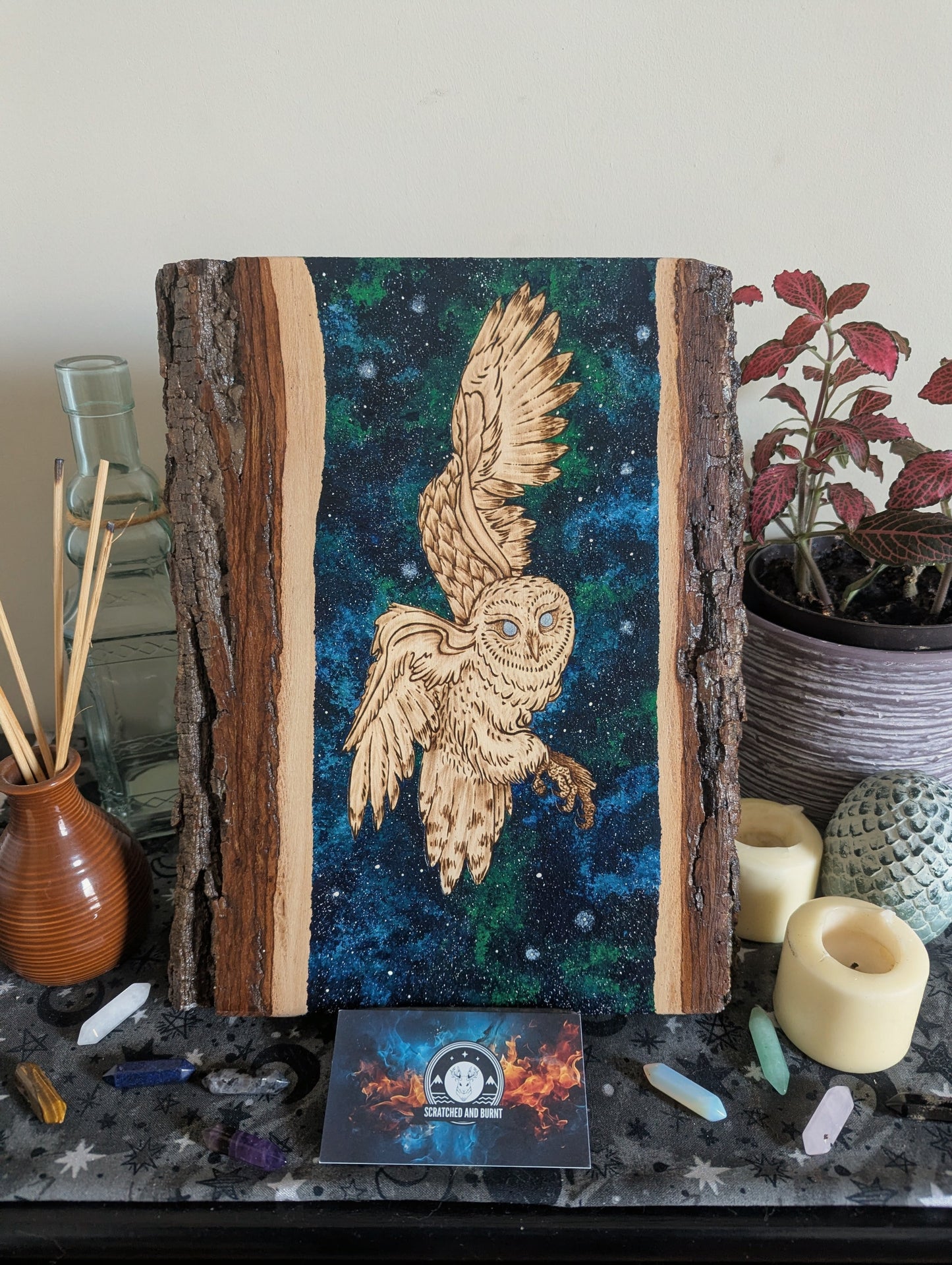 'Watcher of the Night Sky' Owl,  Pyrography with Acrylics on Wood, Desk/Wall Art