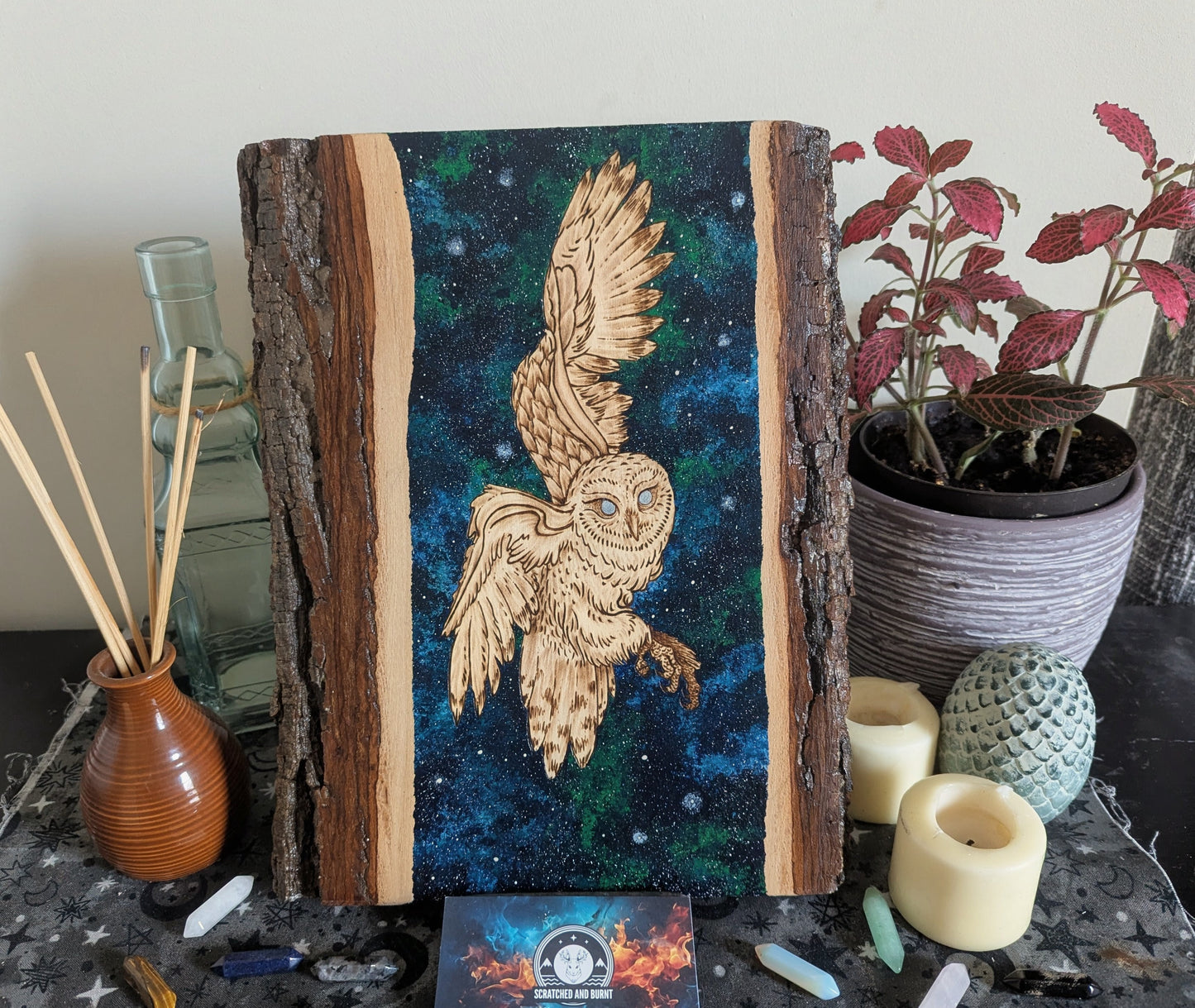 'Watcher of the Night Sky' Owl,  Pyrography with Acrylics on Wood, Desk/Wall Art