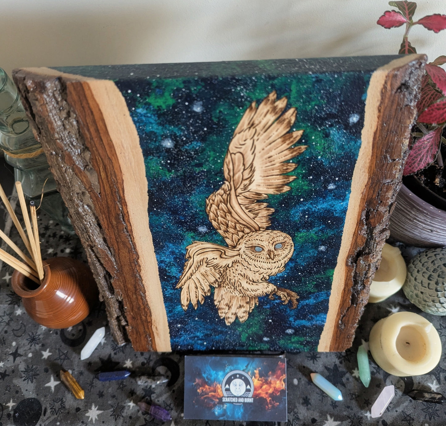 'Watcher of the Night Sky' Owl,  Pyrography with Acrylics on Wood, Desk/Wall Art