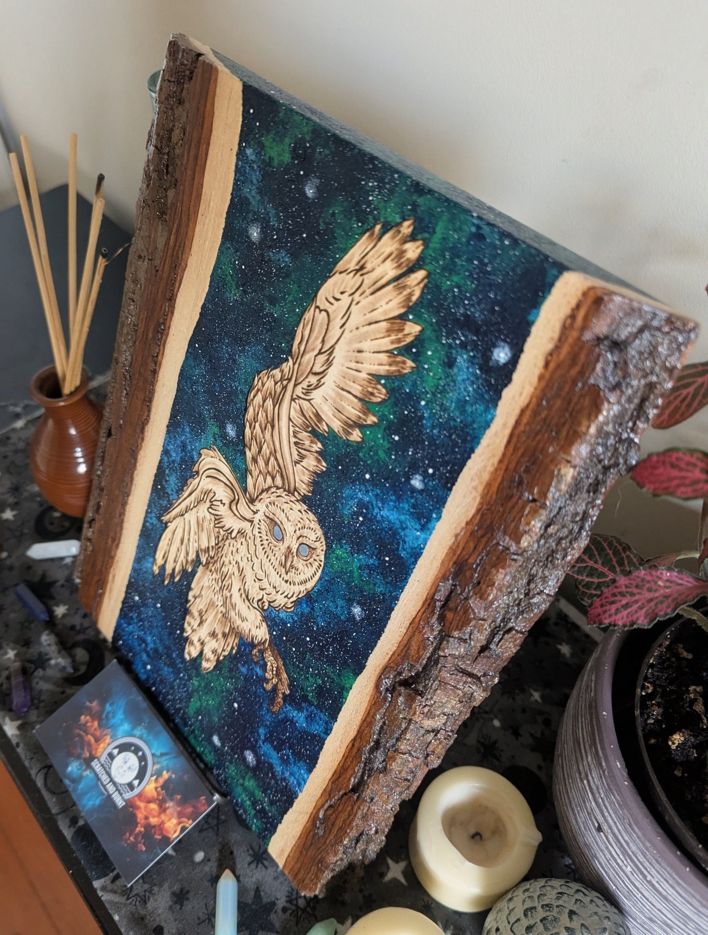 'Watcher of the Night Sky' Owl,  Pyrography with Acrylics on Wood, Desk/Wall Art