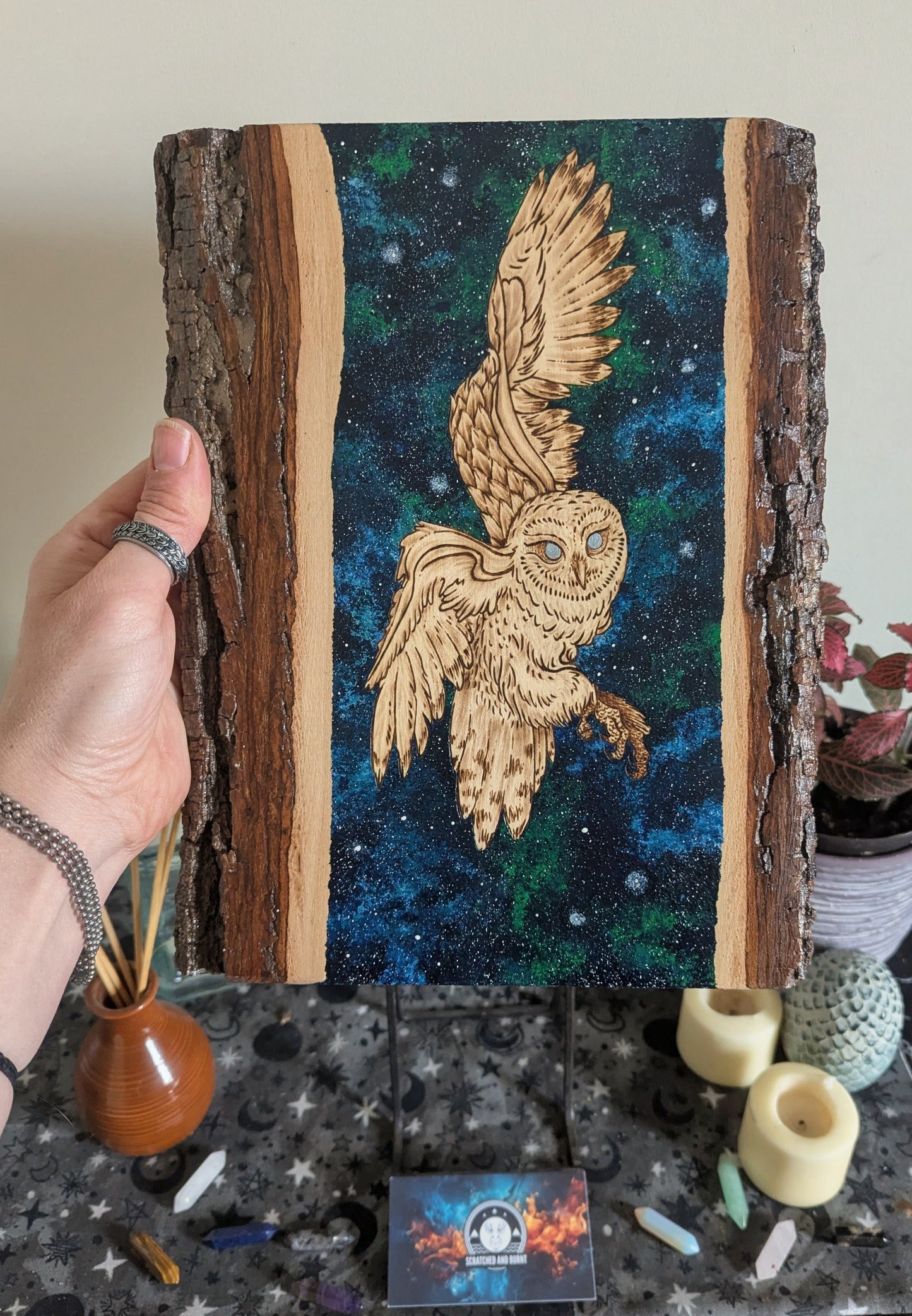 'Watcher of the Night Sky' Owl,  Pyrography with Acrylics on Wood, Desk/Wall Art