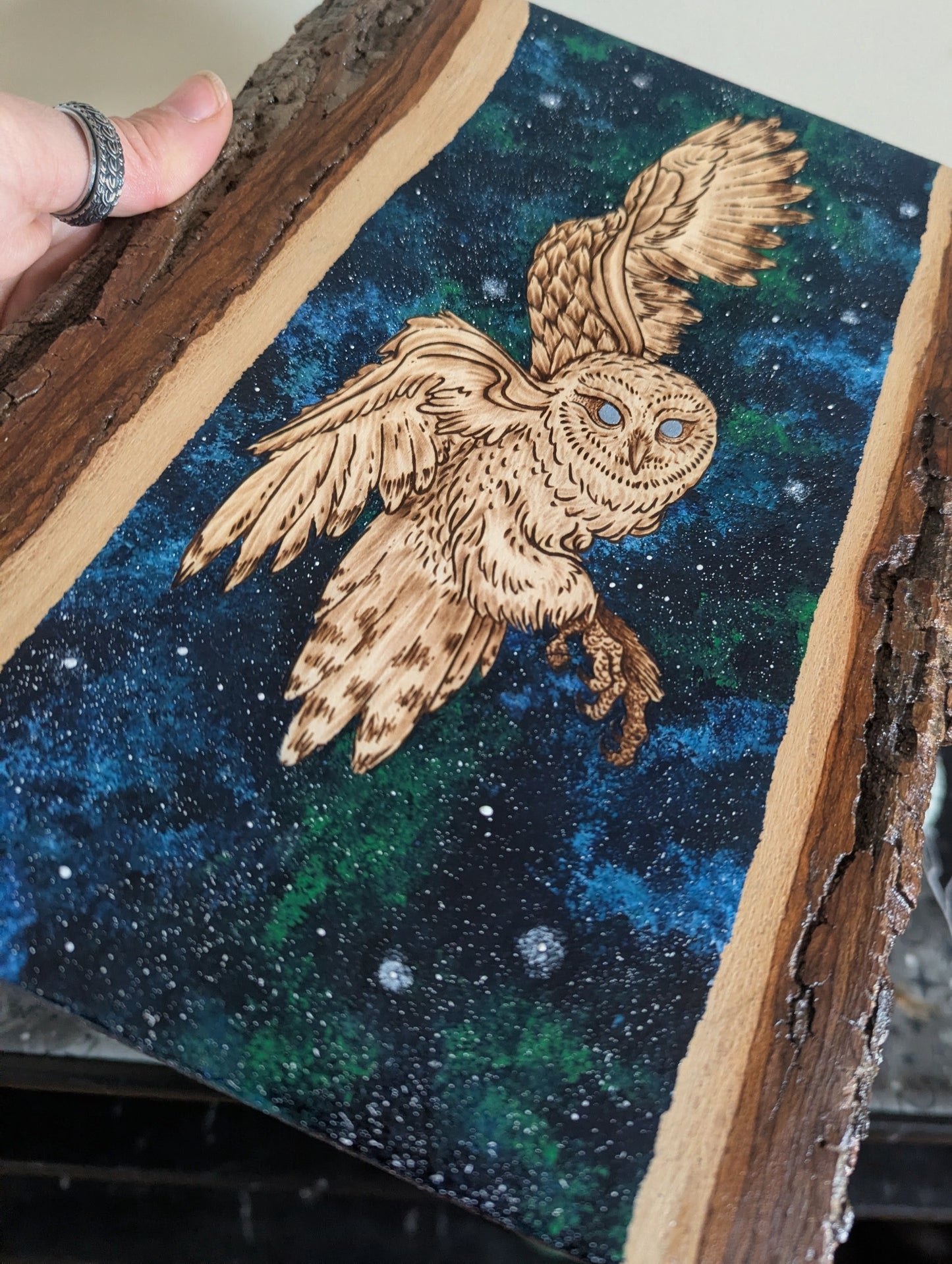 'Watcher of the Night Sky' Owl,  Pyrography with Acrylics on Wood, Desk/Wall Art