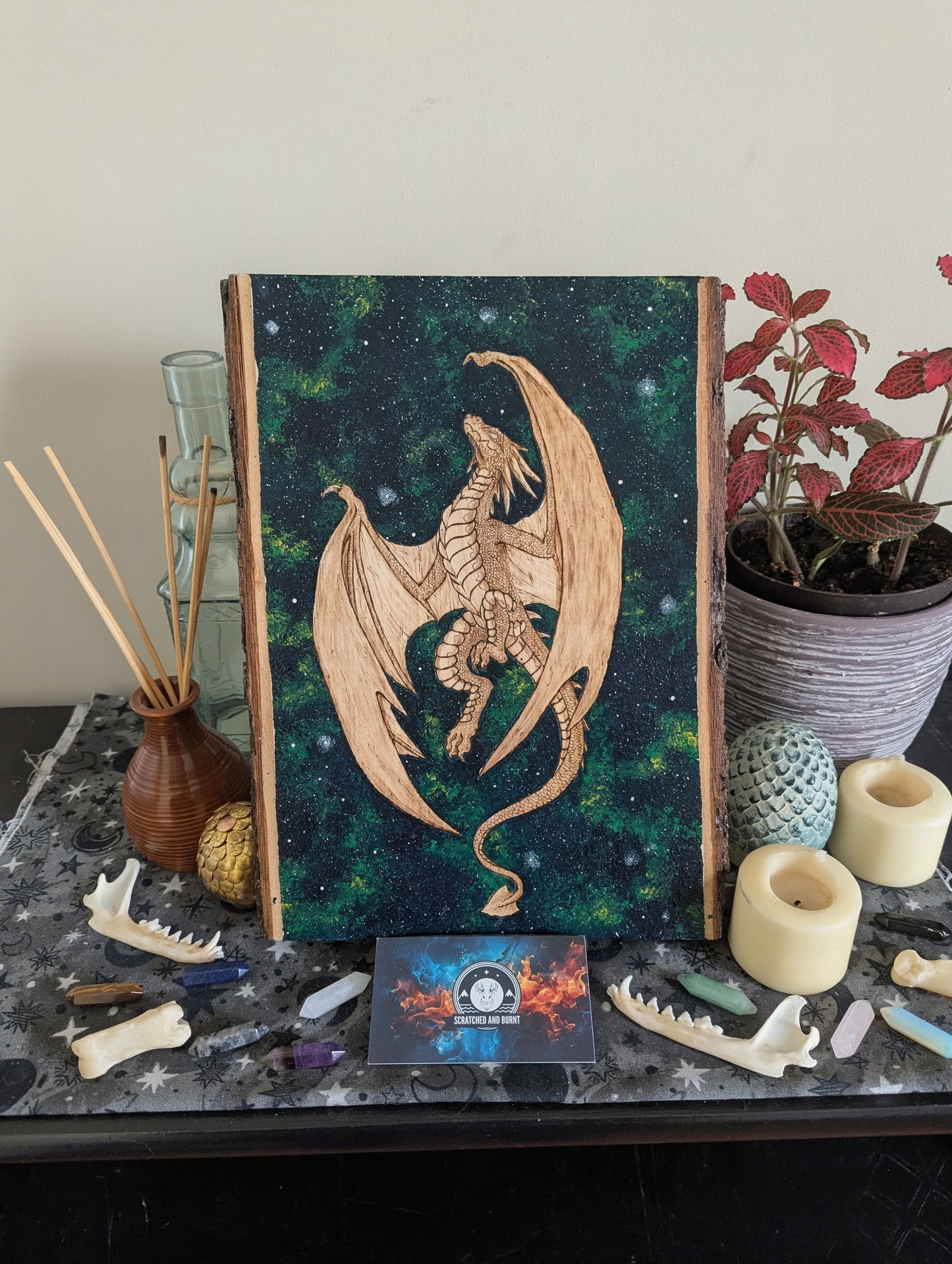 'Celestial Flight' Dragon, Pyrography with Acrylics on Wood, Desk/Wall Art
