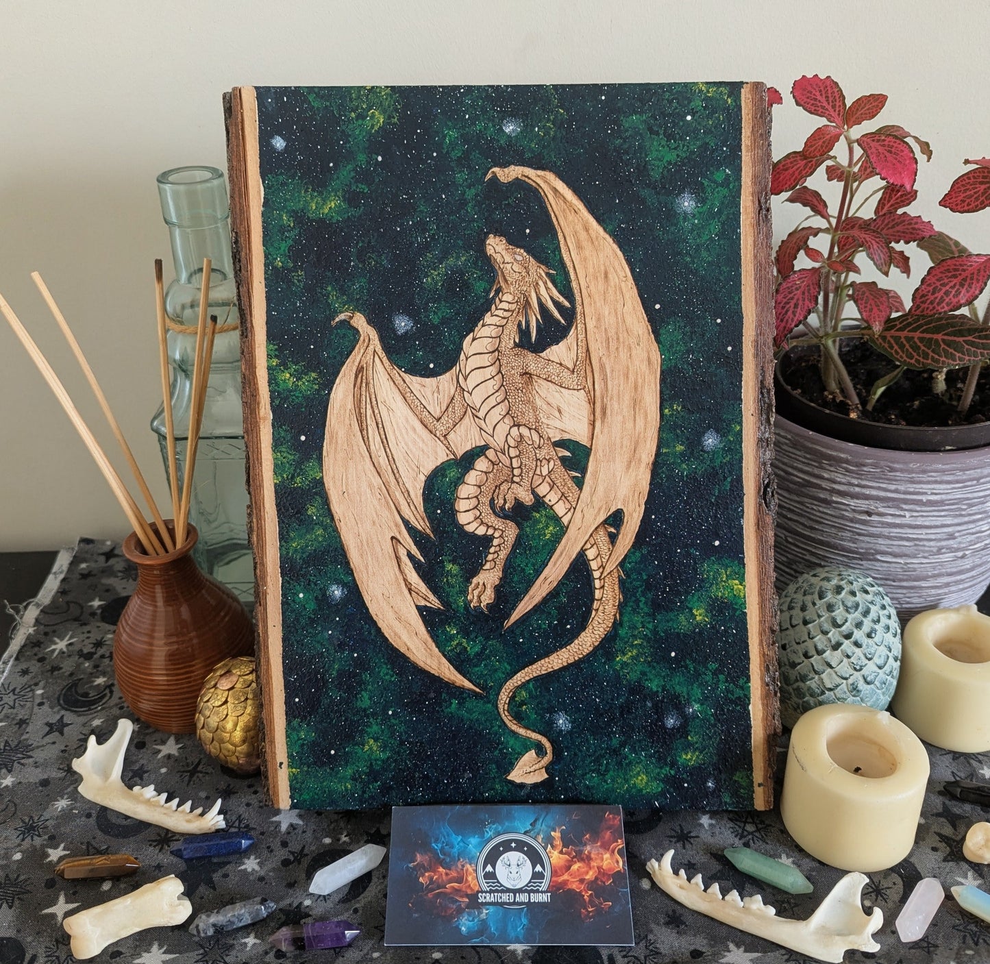 'Celestial Flight' Dragon, Pyrography with Acrylics on Wood, Desk/Wall Art