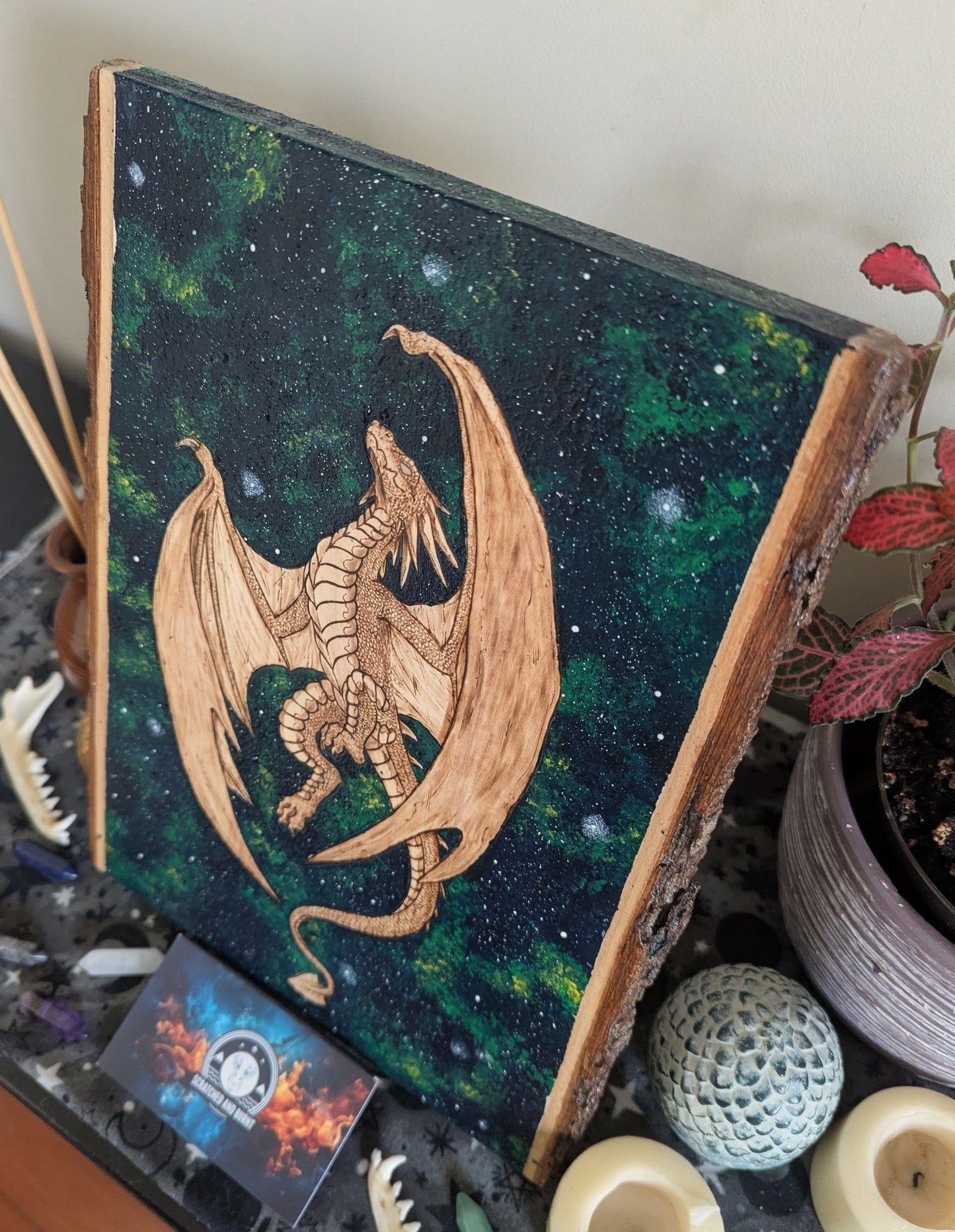 'Celestial Flight' Dragon, Pyrography with Acrylics on Wood, Desk/Wall Art