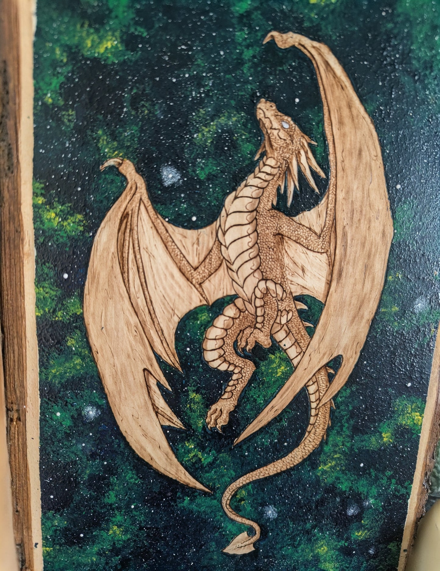 'Celestial Flight' Dragon, Pyrography with Acrylics on Wood, Desk/Wall Art