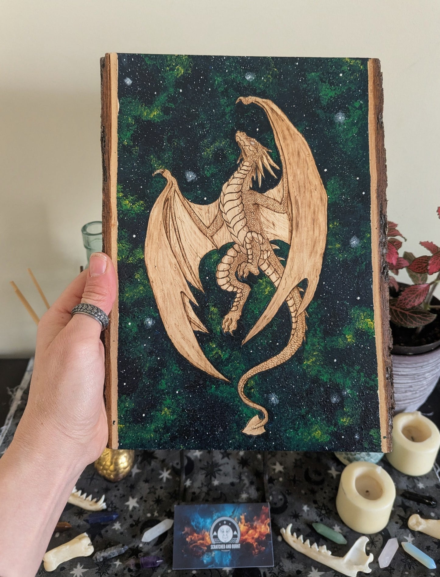 'Celestial Flight' Dragon, Pyrography with Acrylics on Wood, Desk/Wall Art