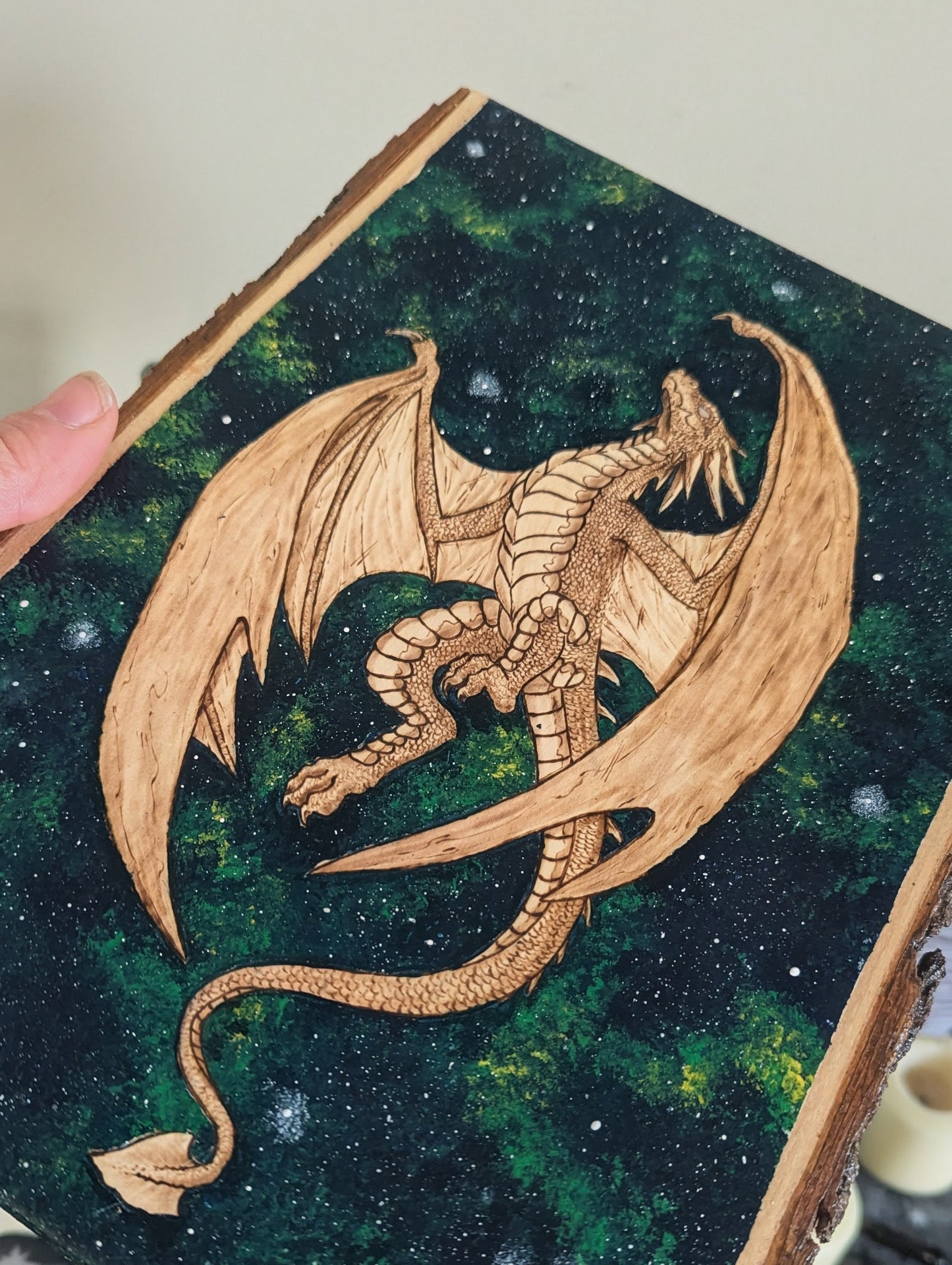 'Celestial Flight' Dragon, Pyrography with Acrylics on Wood, Desk/Wall Art
