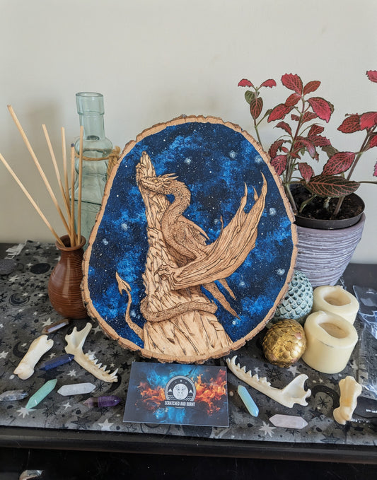 'Stonewatch Dragon' Galaxy, Pyrography with Acrylics on Wood, Desk/Wall Art