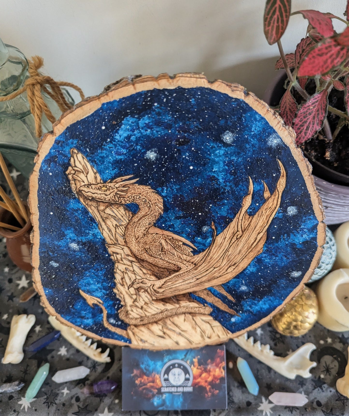 'Stonewatch Dragon' Galaxy, Pyrography with Acrylics on Wood, Desk/Wall Art