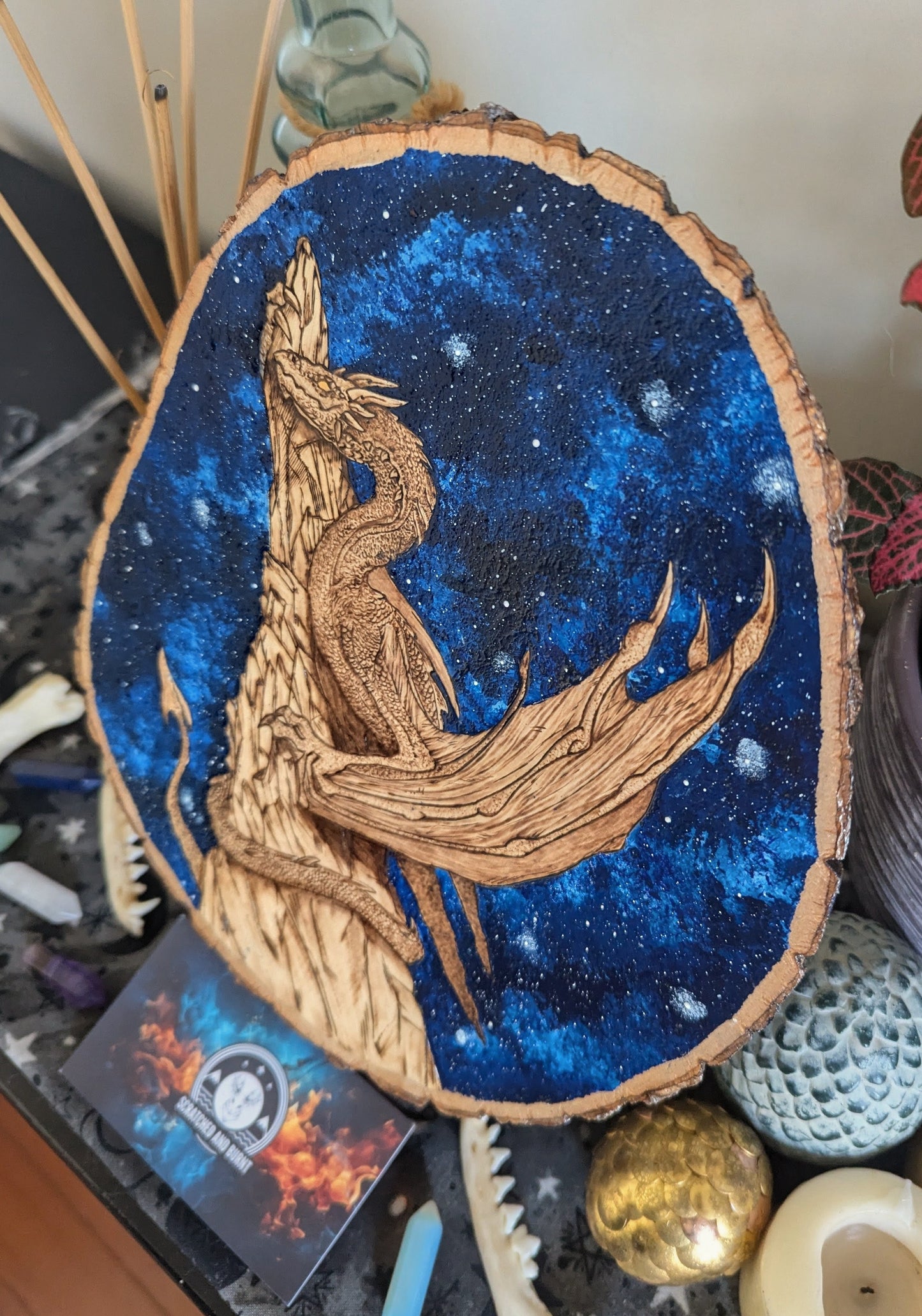 'Stonewatch Dragon' Galaxy, Pyrography with Acrylics on Wood, Desk/Wall Art