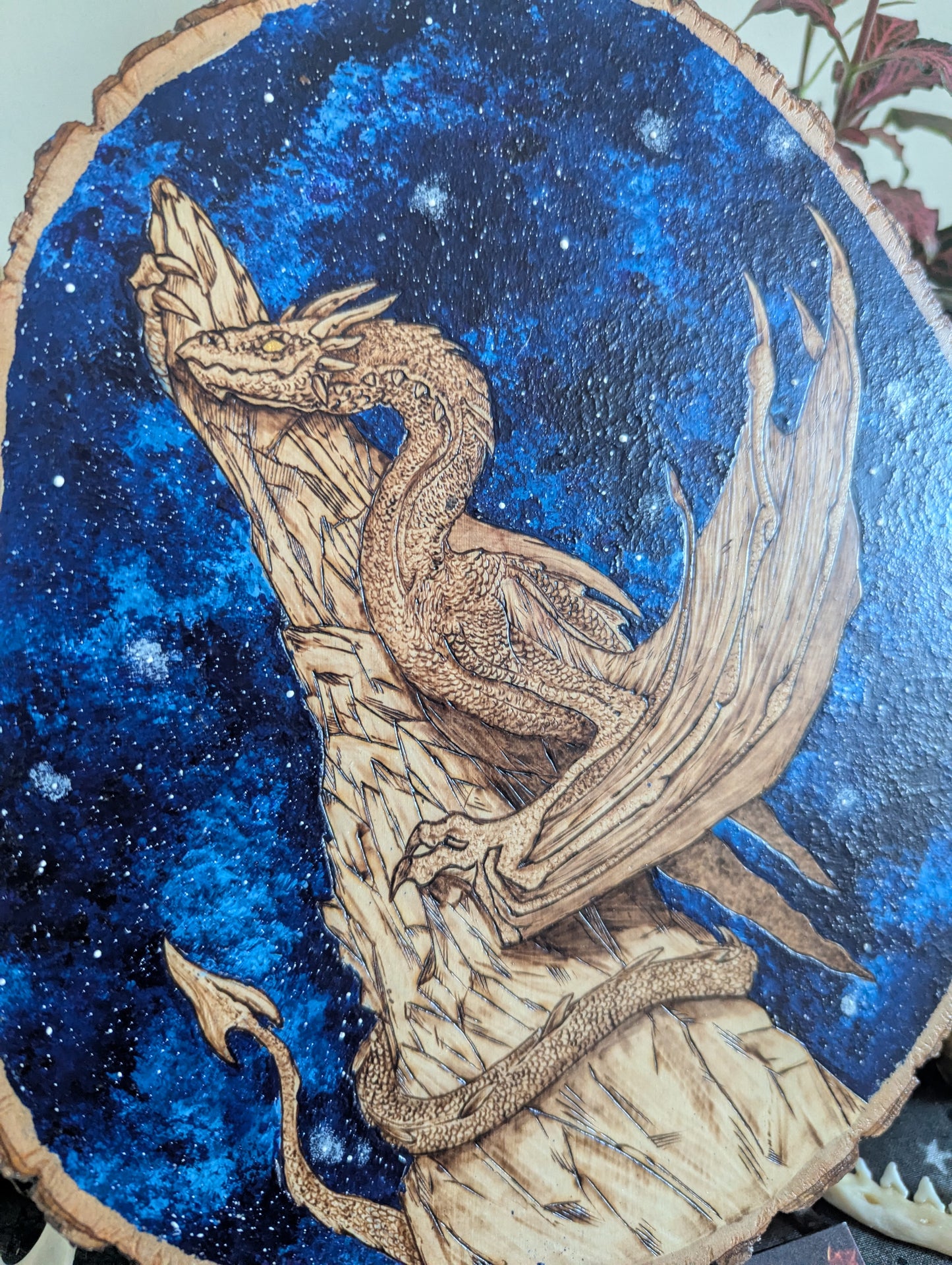 'Stonewatch Dragon' Galaxy, Pyrography with Acrylics on Wood, Desk/Wall Art