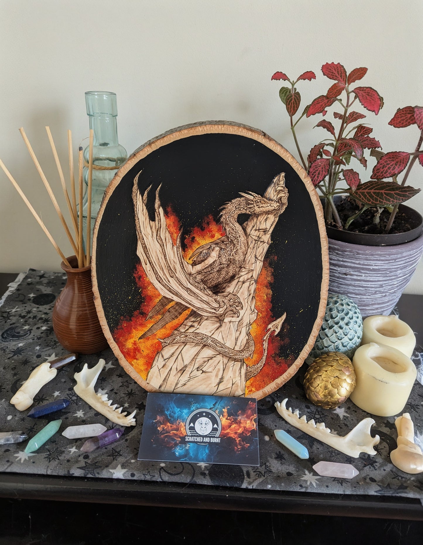 'Stonewatch Dragon's Fires, Pyrography with Acrylics on Wood, Desk/Wall Art