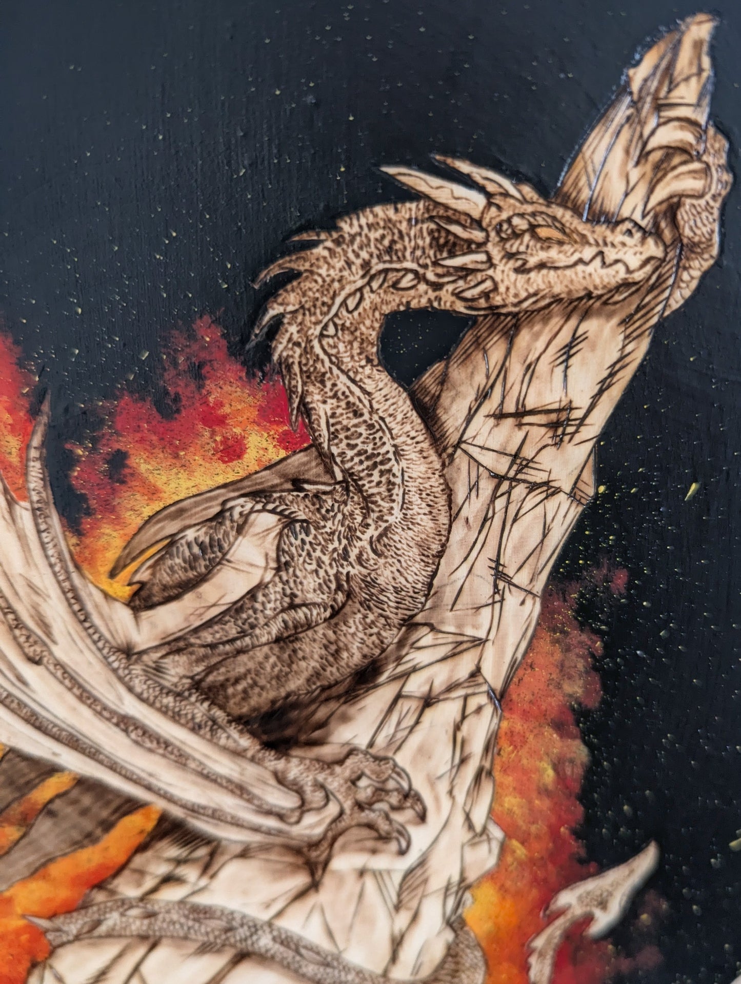 'Stonewatch Dragon's Fires, Pyrography with Acrylics on Wood, Desk/Wall Art