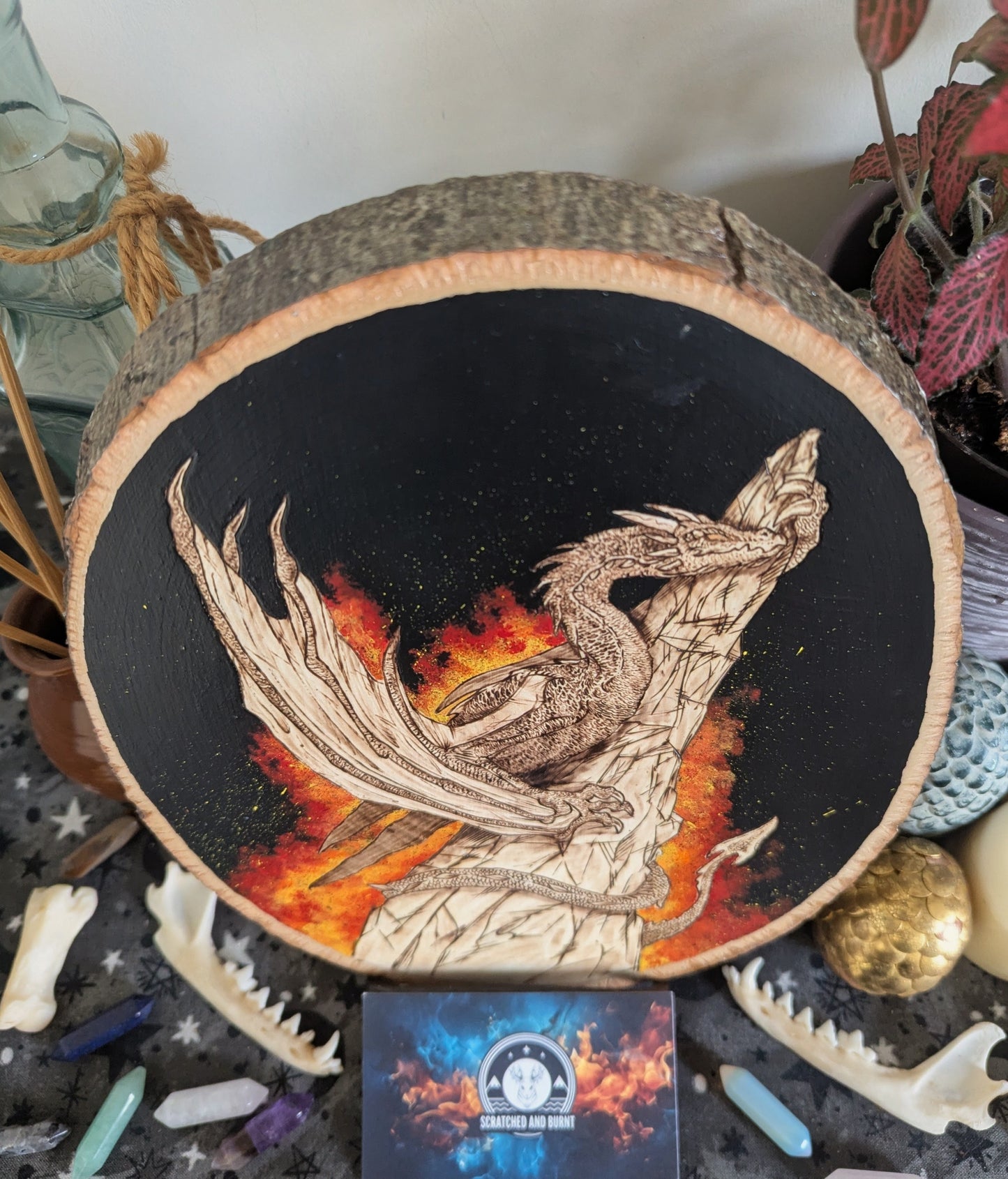 'Stonewatch Dragon's Fires, Pyrography with Acrylics on Wood, Desk/Wall Art