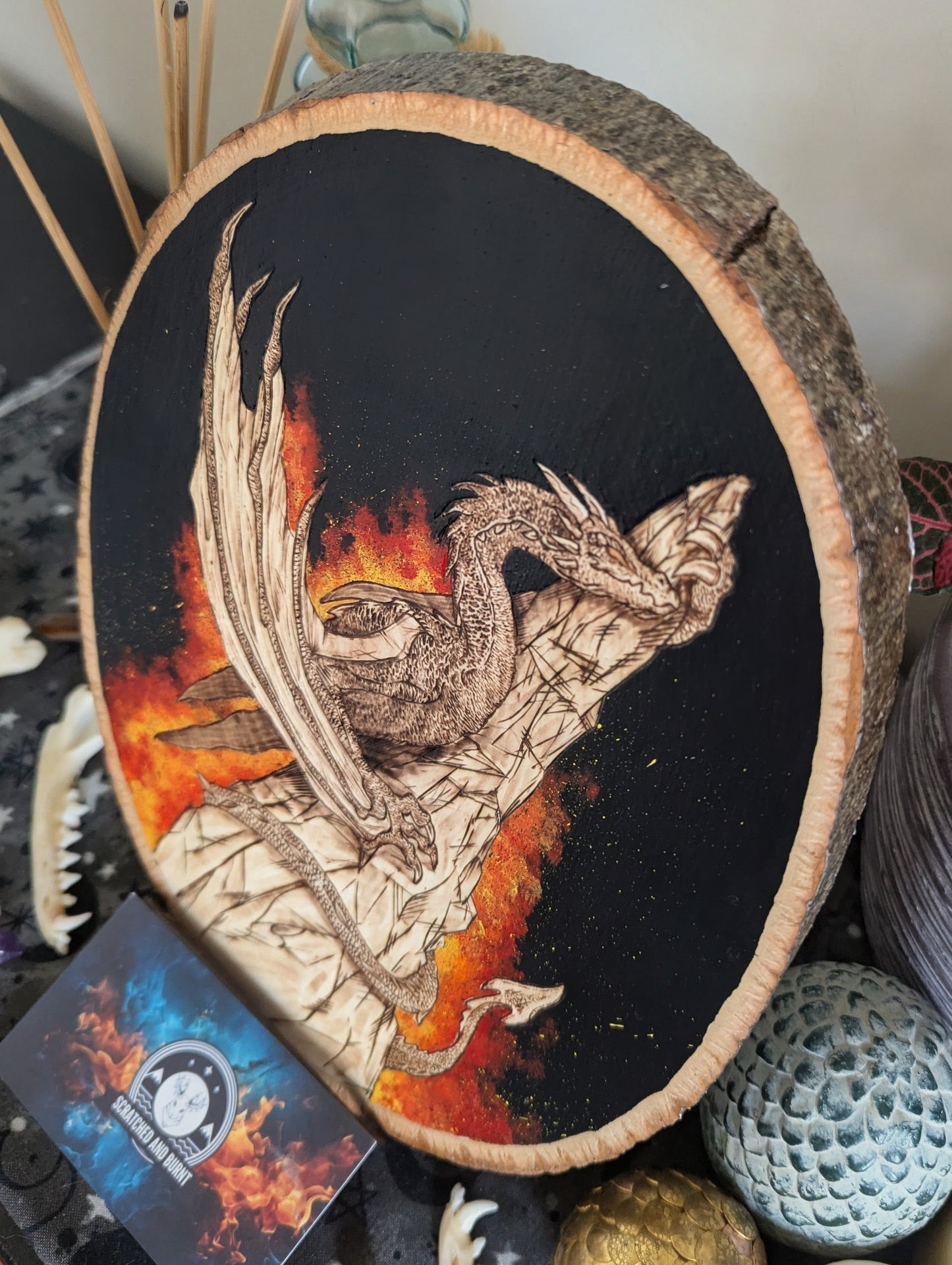 'Stonewatch Dragon's Fires, Pyrography with Acrylics on Wood, Desk/Wall Art