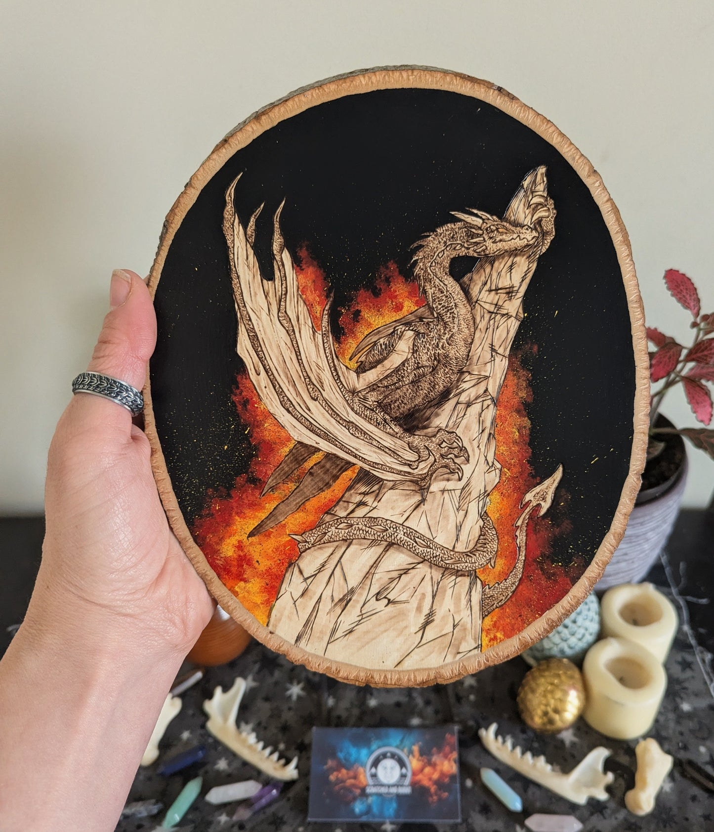'Stonewatch Dragon's Fires, Pyrography with Acrylics on Wood, Desk/Wall Art