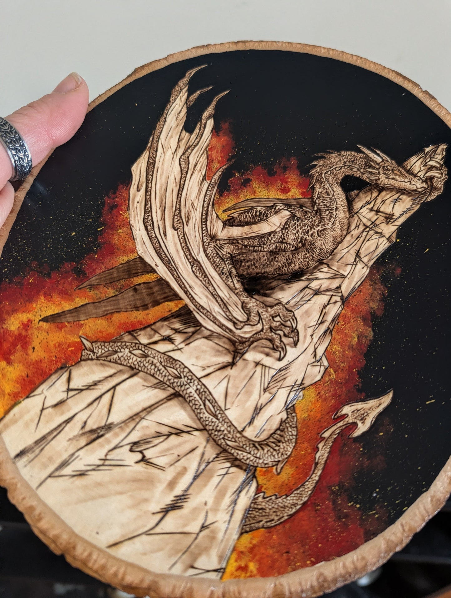 'Stonewatch Dragon's Fires, Pyrography with Acrylics on Wood, Desk/Wall Art