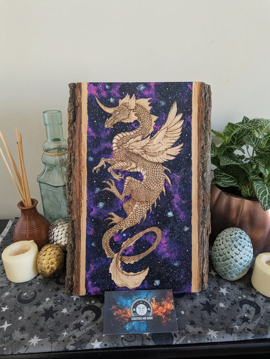 'Fae Star Dragon', Pyrography with Acrylics on Wood, Desk/Wall Art