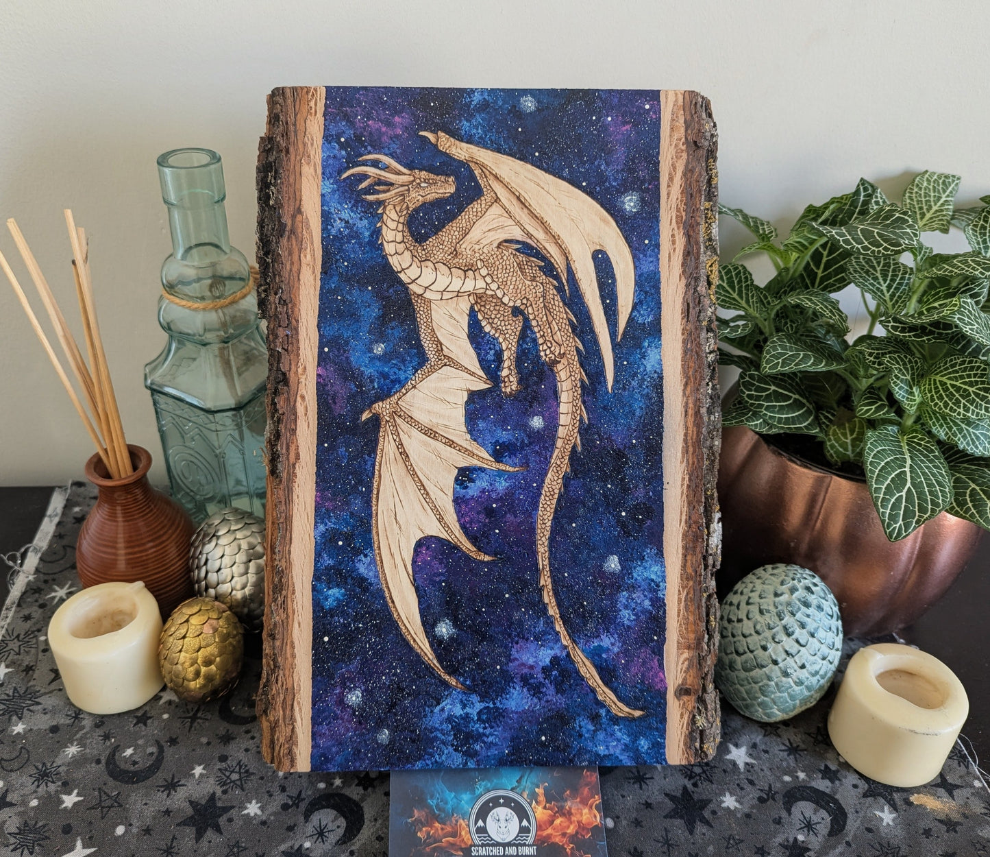 'Starbound Dragon', Pyrography with Acrylics on Wood, Desk/Wall Art