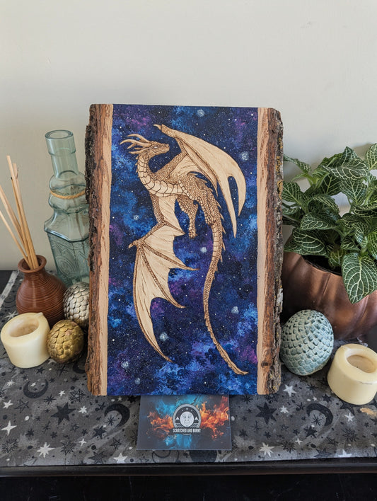 'Starbound Dragon', Pyrography with Acrylics on Wood, Desk/Wall Art