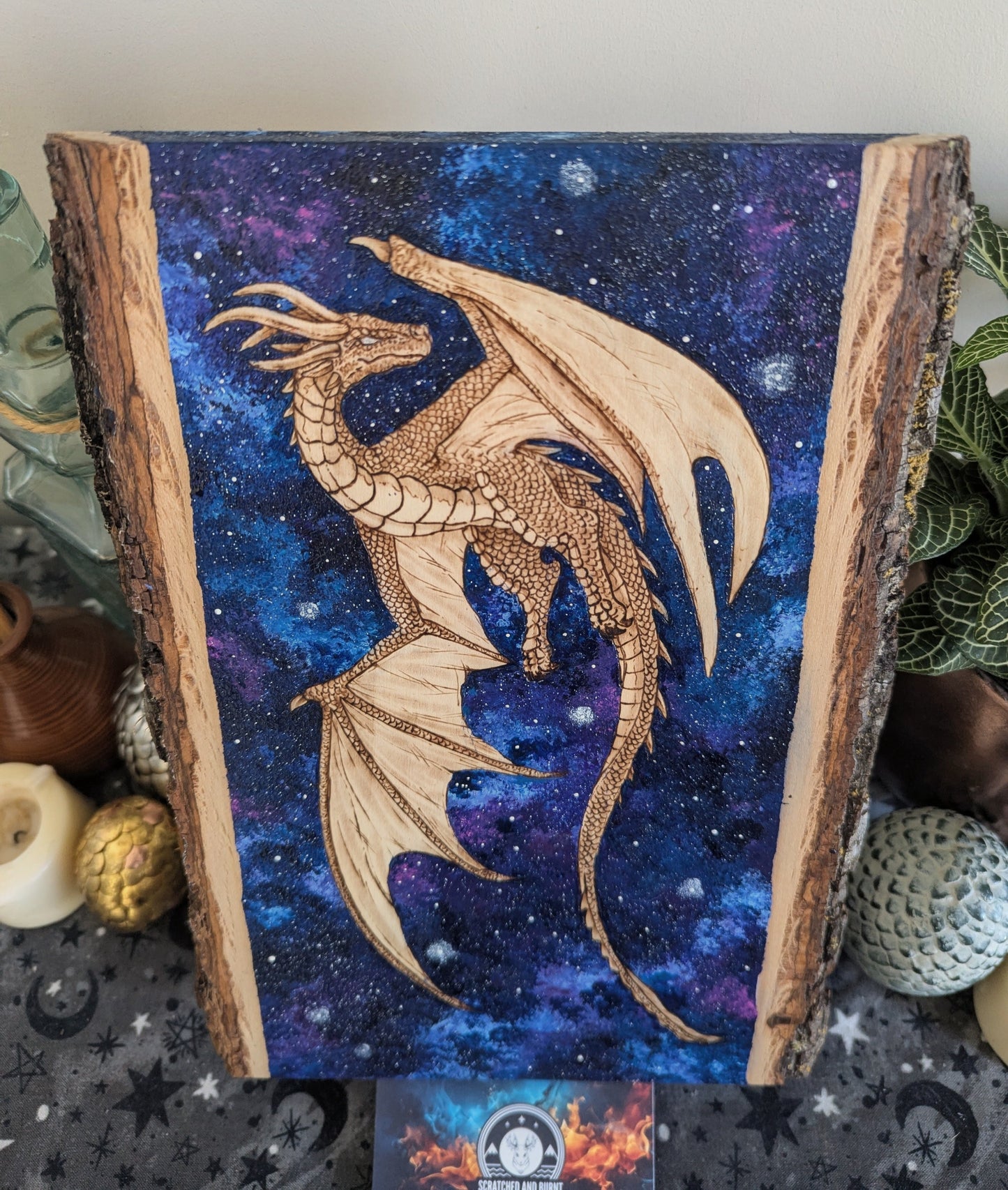 'Starbound Dragon', Pyrography with Acrylics on Wood, Desk/Wall Art