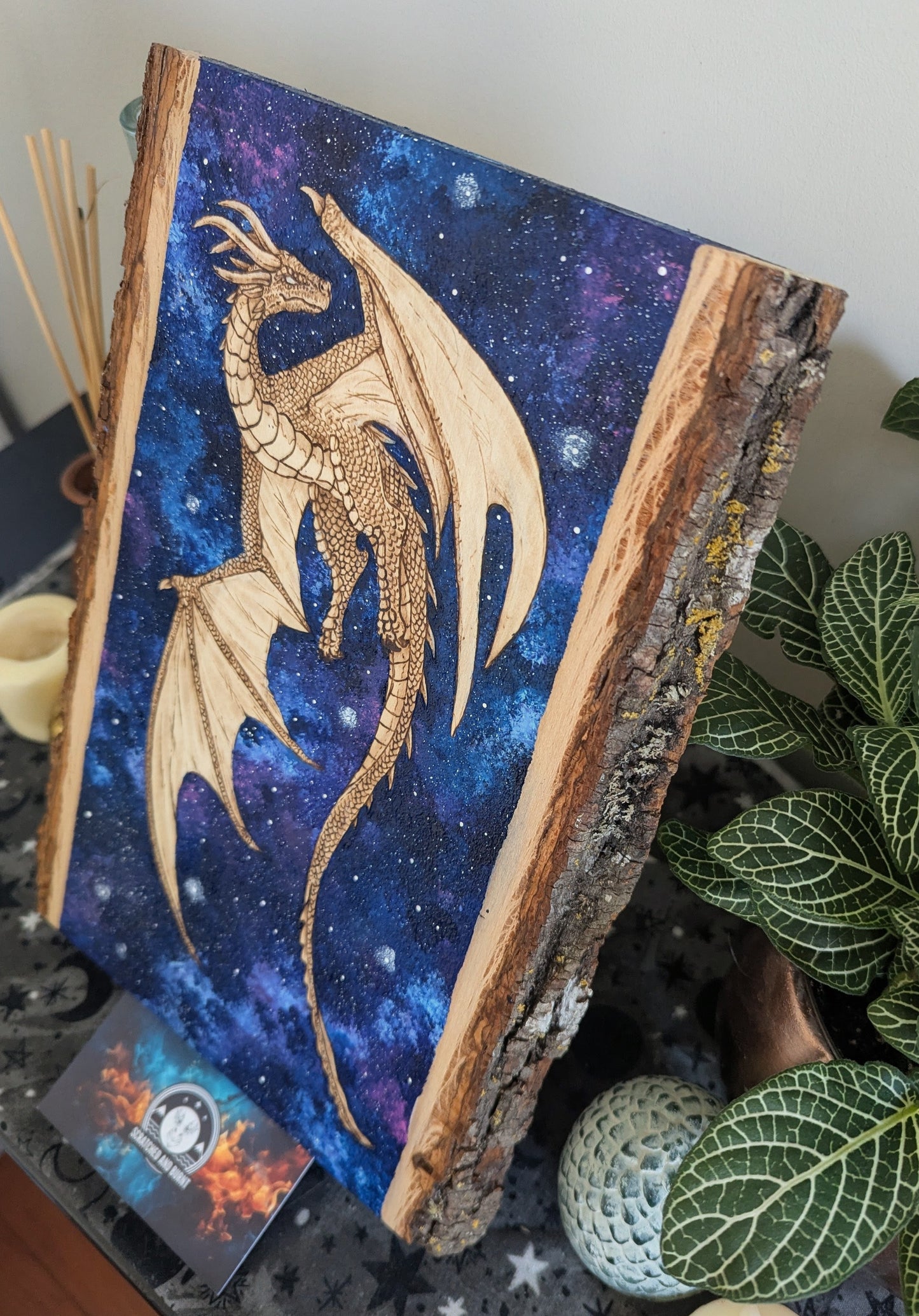 'Starbound Dragon', Pyrography with Acrylics on Wood, Desk/Wall Art