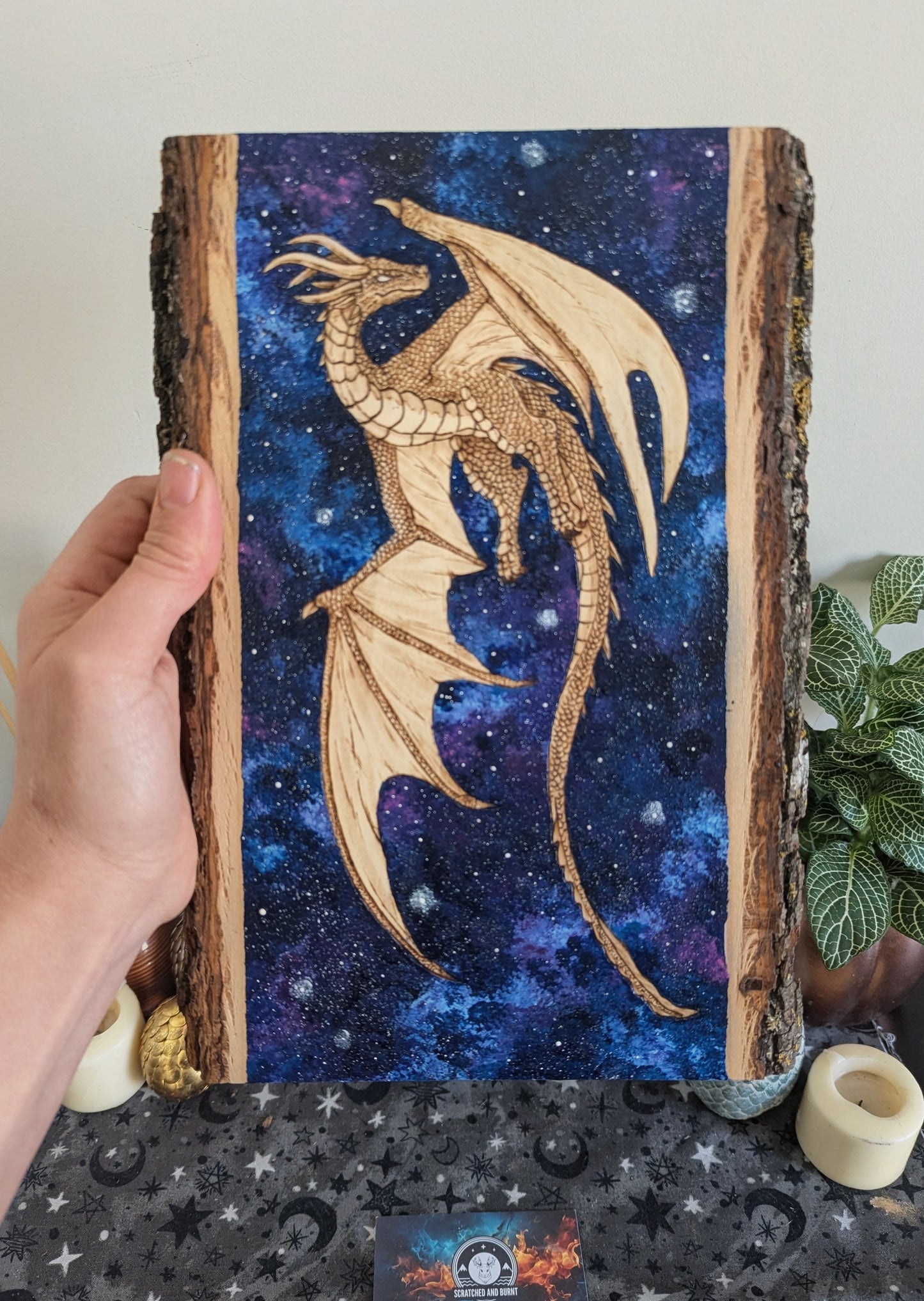 'Starbound Dragon', Pyrography with Acrylics on Wood, Desk/Wall Art
