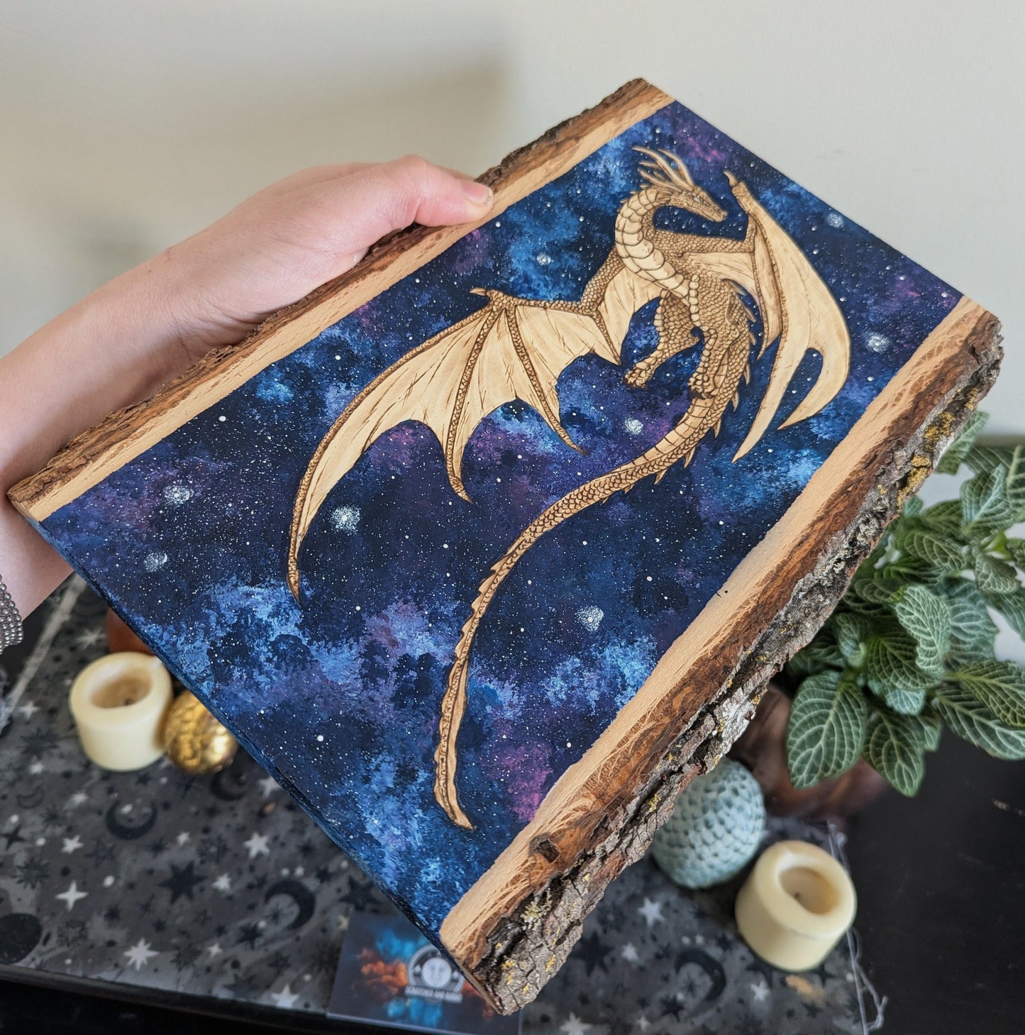 'Starbound Dragon', Pyrography with Acrylics on Wood, Desk/Wall Art