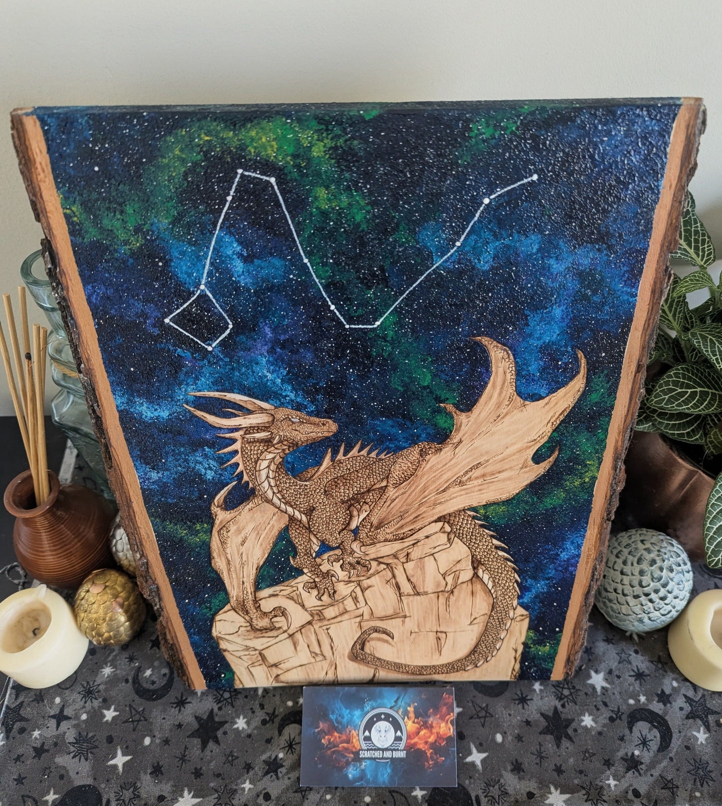 'Draco’s Vigil', Pyrography with Acrylics on Wood, Desk/Wall Art