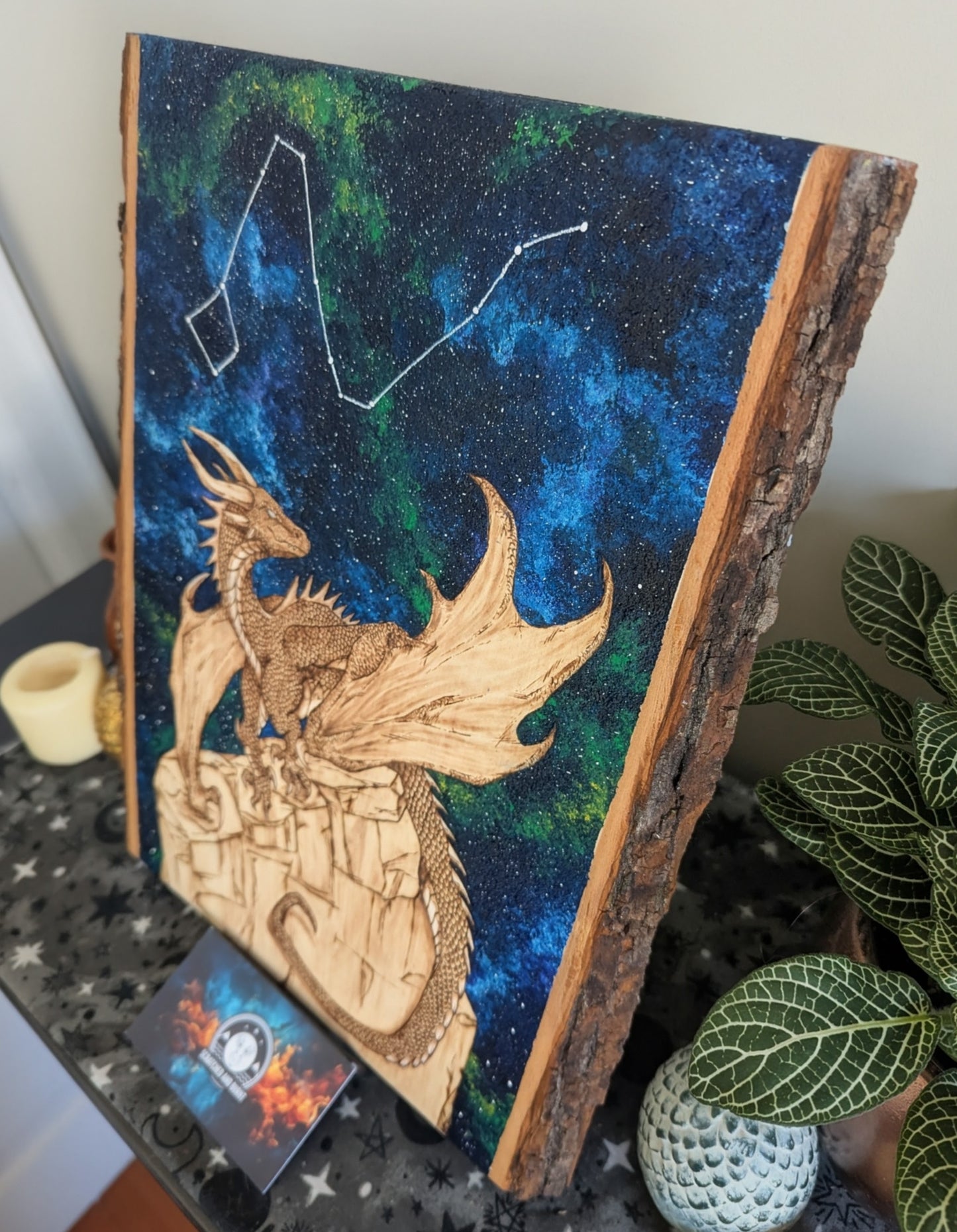 'Draco’s Vigil', Pyrography with Acrylics on Wood, Desk/Wall Art
