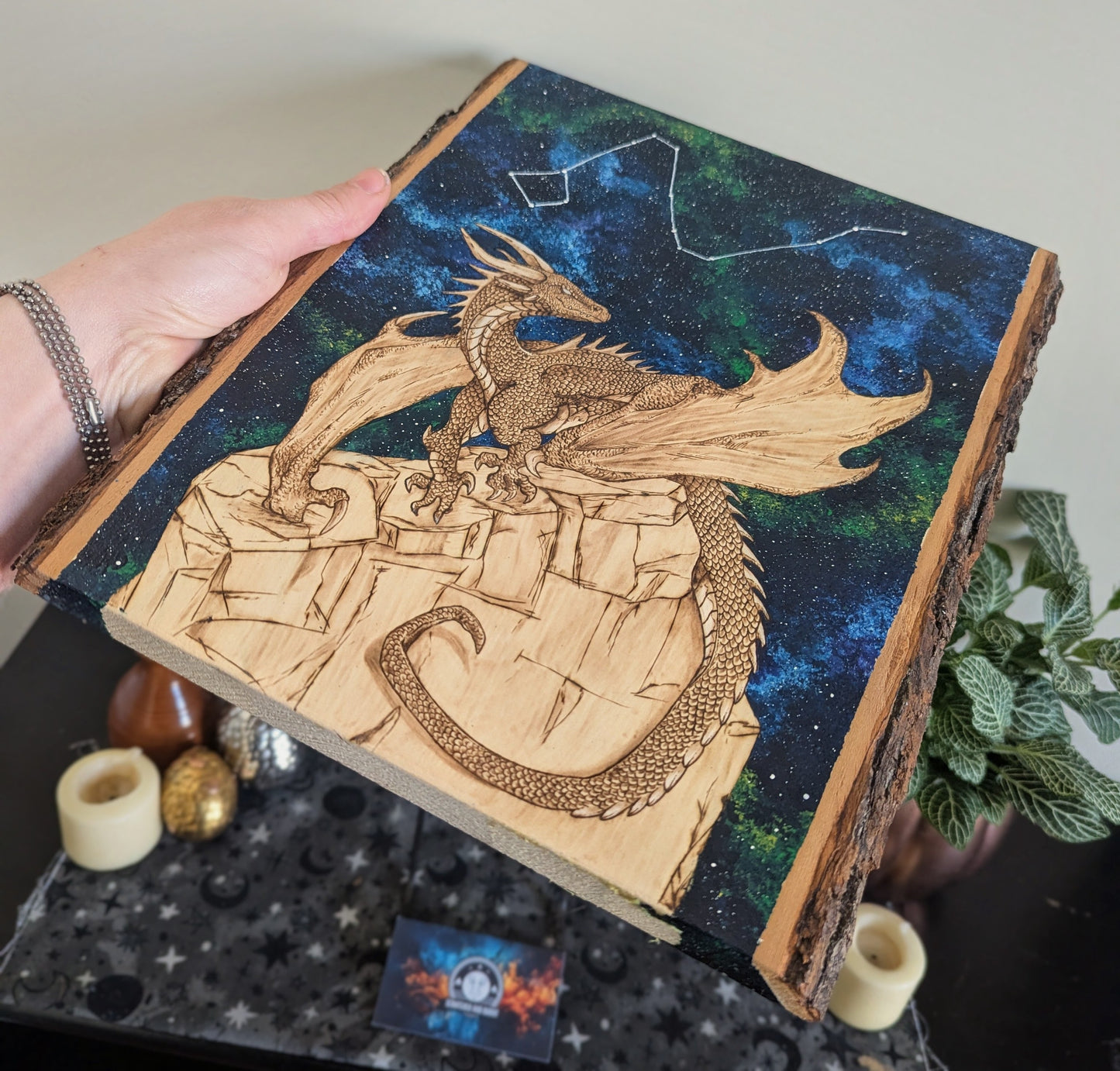 'Draco’s Vigil', Pyrography with Acrylics on Wood, Desk/Wall Art