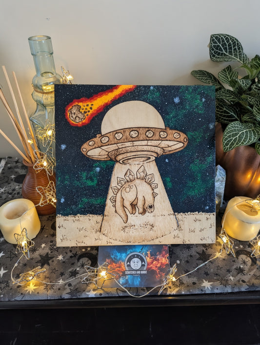 Alien Abduction, Stegosaurus! Pyrography w/ Acrylics, Desk/Wall Art