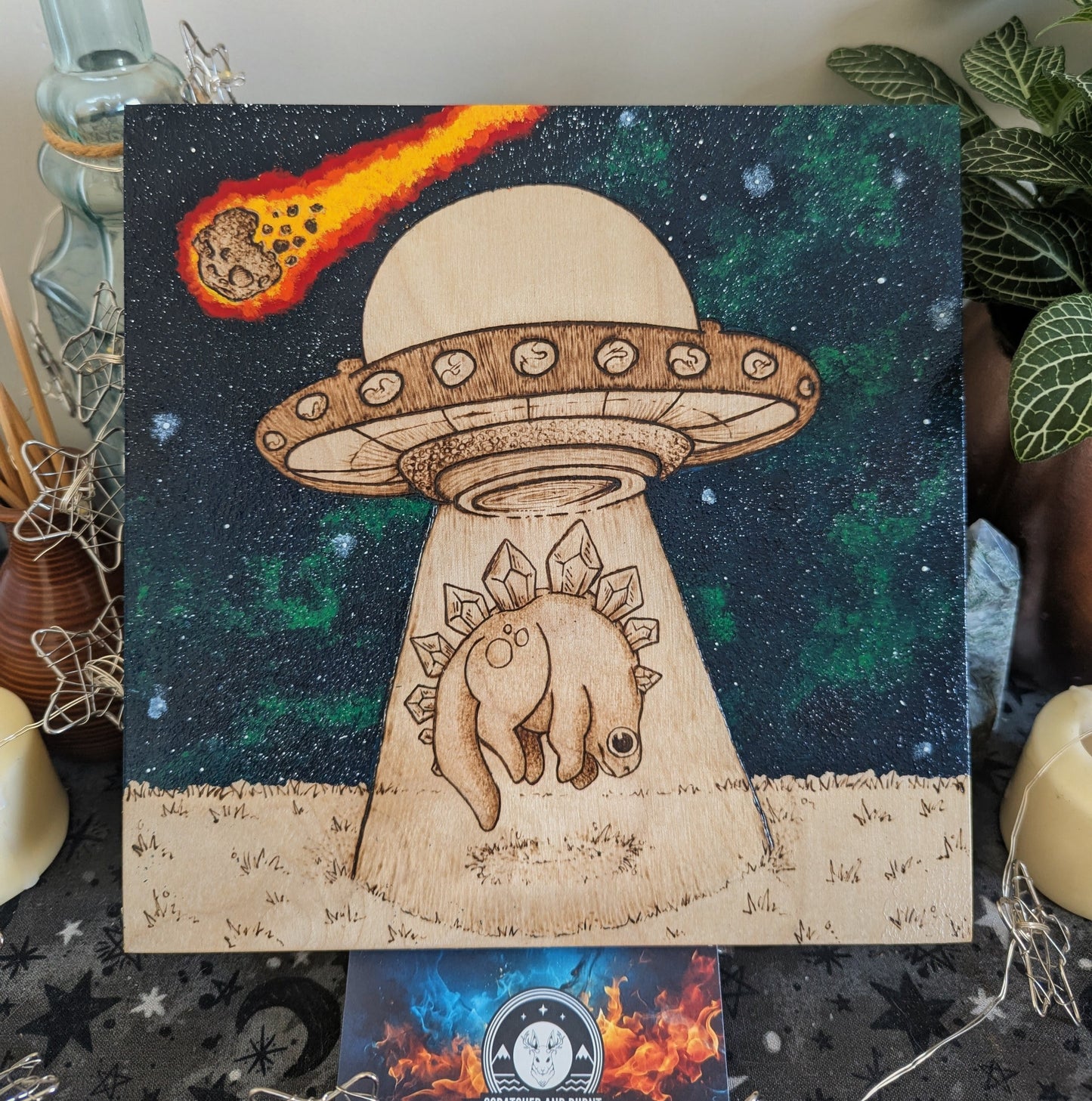 Alien Abduction, Stegosaurus! Pyrography w/ Acrylics, Desk/Wall Art