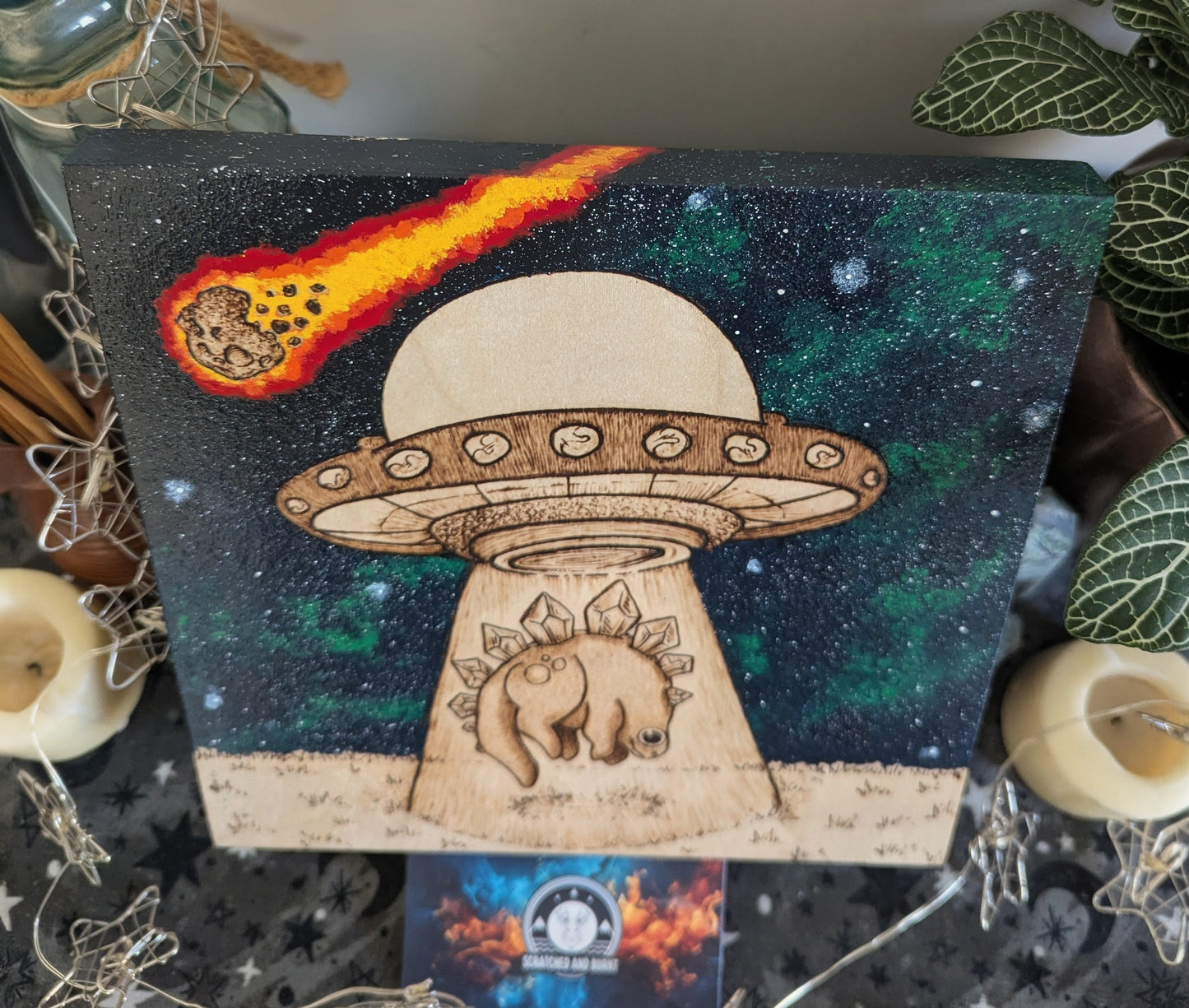 Alien Abduction, Stegosaurus! Pyrography w/ Acrylics, Desk/Wall Art