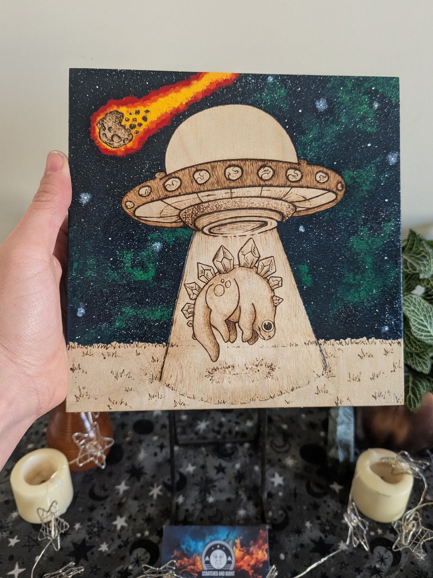 Alien Abduction, Stegosaurus! Pyrography w/ Acrylics, Desk/Wall Art