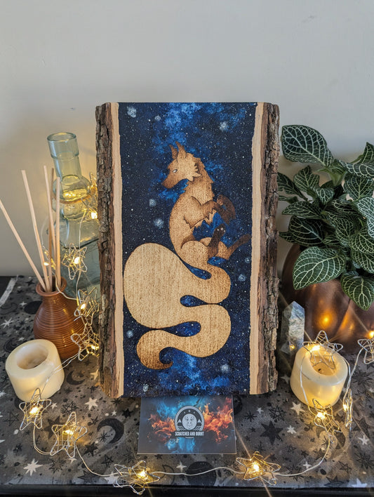 'Starbound Fox', Pyrography with Acrylics on Wood, Desk/Wall Art