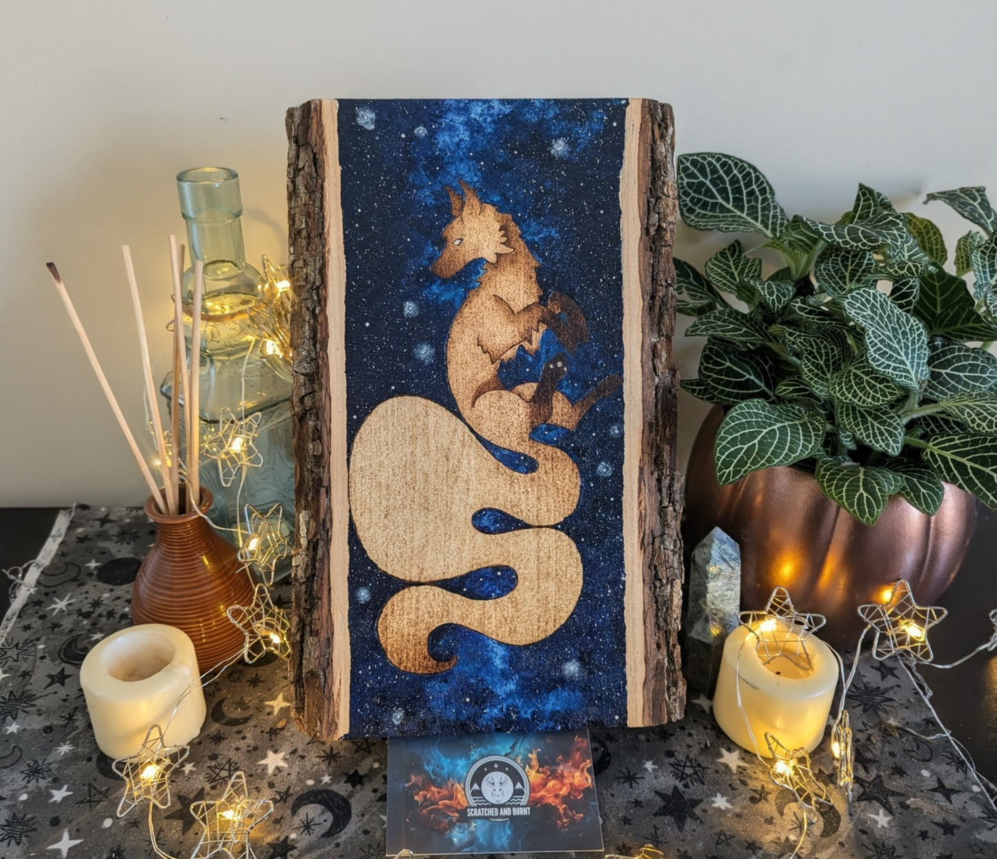 'Starbound Fox', Pyrography with Acrylics on Wood, Desk/Wall Art