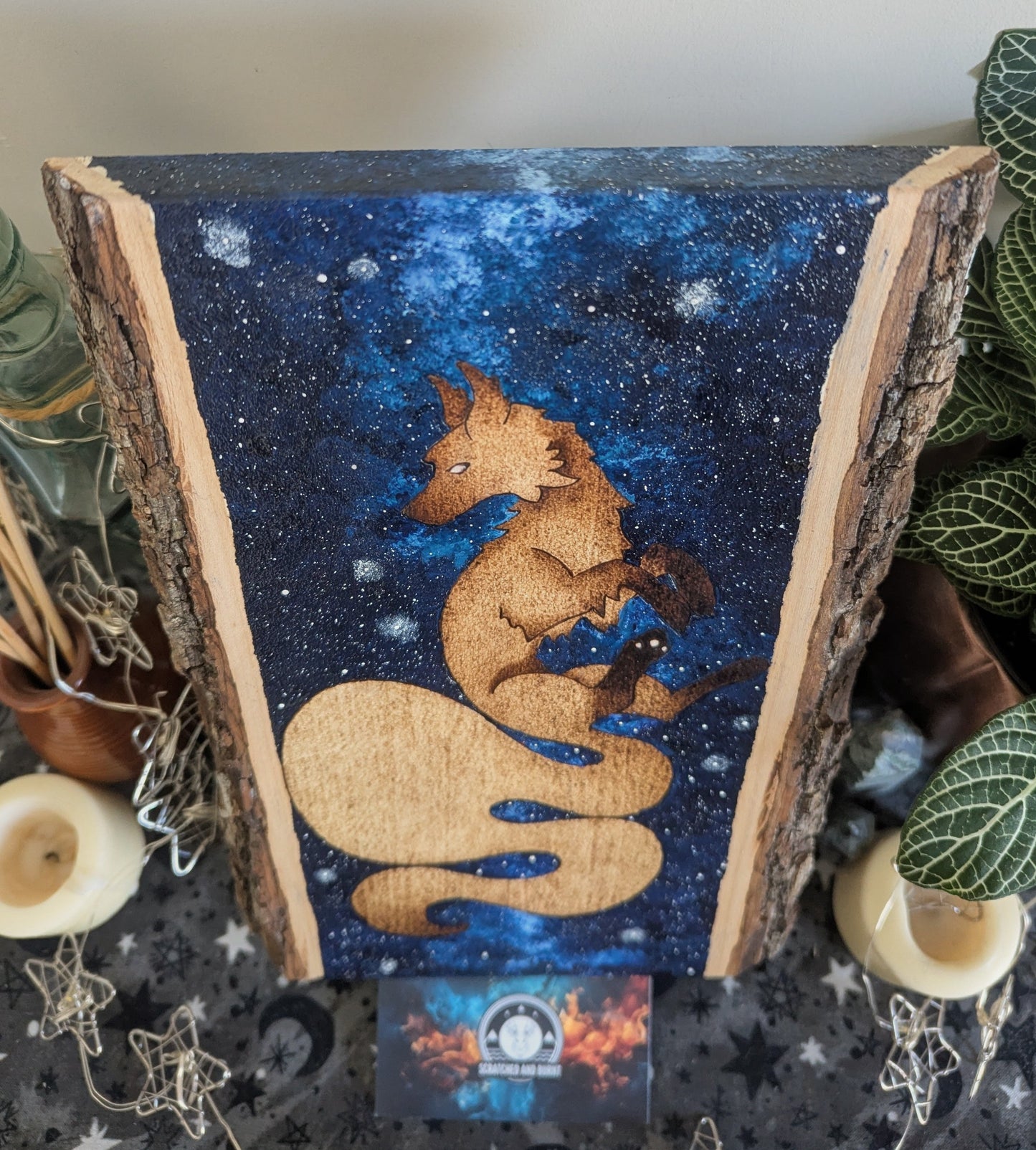 'Starbound Fox', Pyrography with Acrylics on Wood, Desk/Wall Art